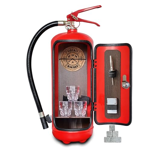 Feuerlöscher Minibar FEUERWEHRLER mit 7-teiligem Zubehör-Set inkl. 3 Schnapsgläser, Whiskysteine, Schnapsausgießer, Feuerzeug und Korkuntersetzer
