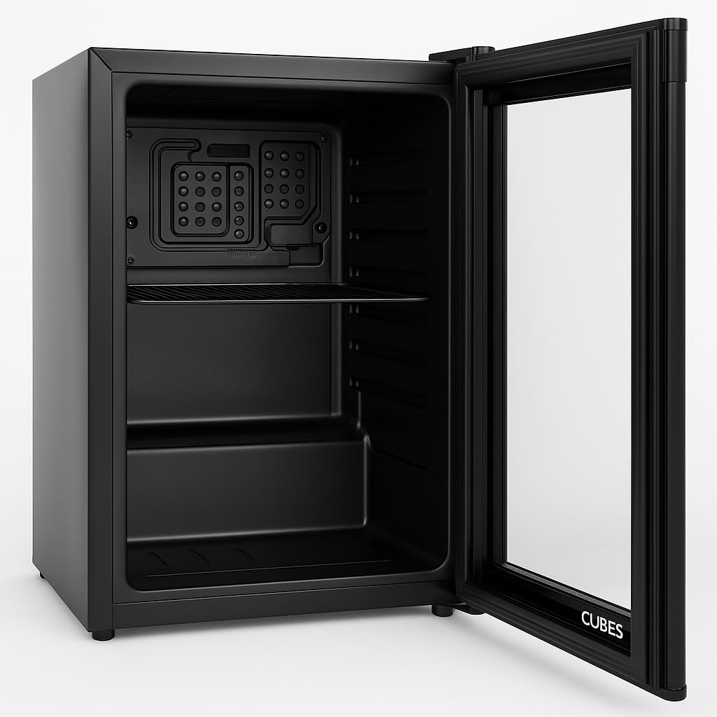 °CUBES Mini Kühlschrank schwarz 48L | Leise & energieeffizient | Kompakter Getränkekühlschrank mit Glastür – Perfekt für Büro, Gaming & Camping | Kleiner Kühlschrank mini fridge