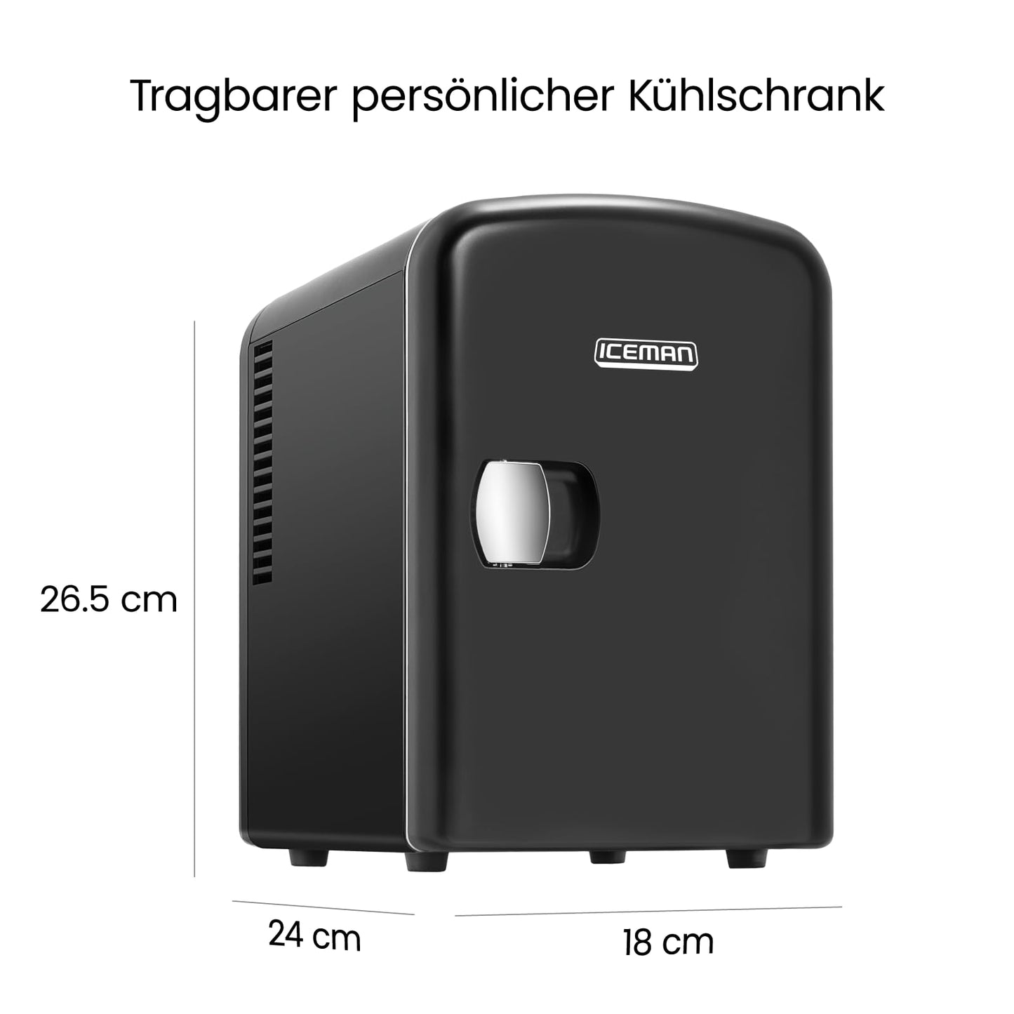 Iceman Schwarzer Tragbarer Mini Kühlschrank, Kühlt und Wärmt, Kleiner Kühlschrank mit 4 Litern, 6 Fächer für Kosmetik, Snacks, Make-up, AC/DC-Strom, Haus/Auto/Schlafzimmer