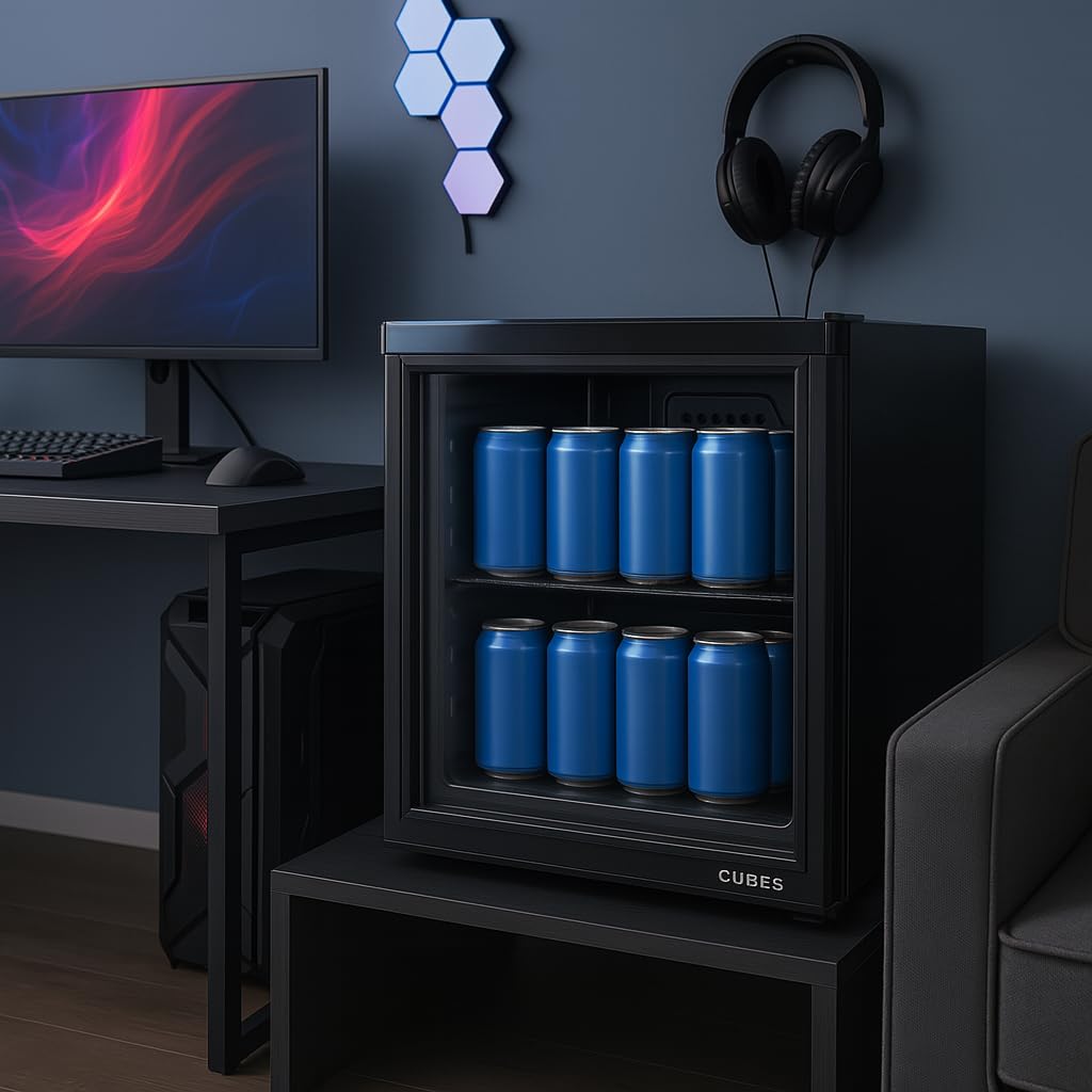 °CUBES Mini Kühlschrank schwarz 48L | Leise & energieeffizient | Kompakter Getränkekühlschrank mit Glastür – Perfekt für Büro, Gaming & Camping | Kleiner Kühlschrank mini fridge