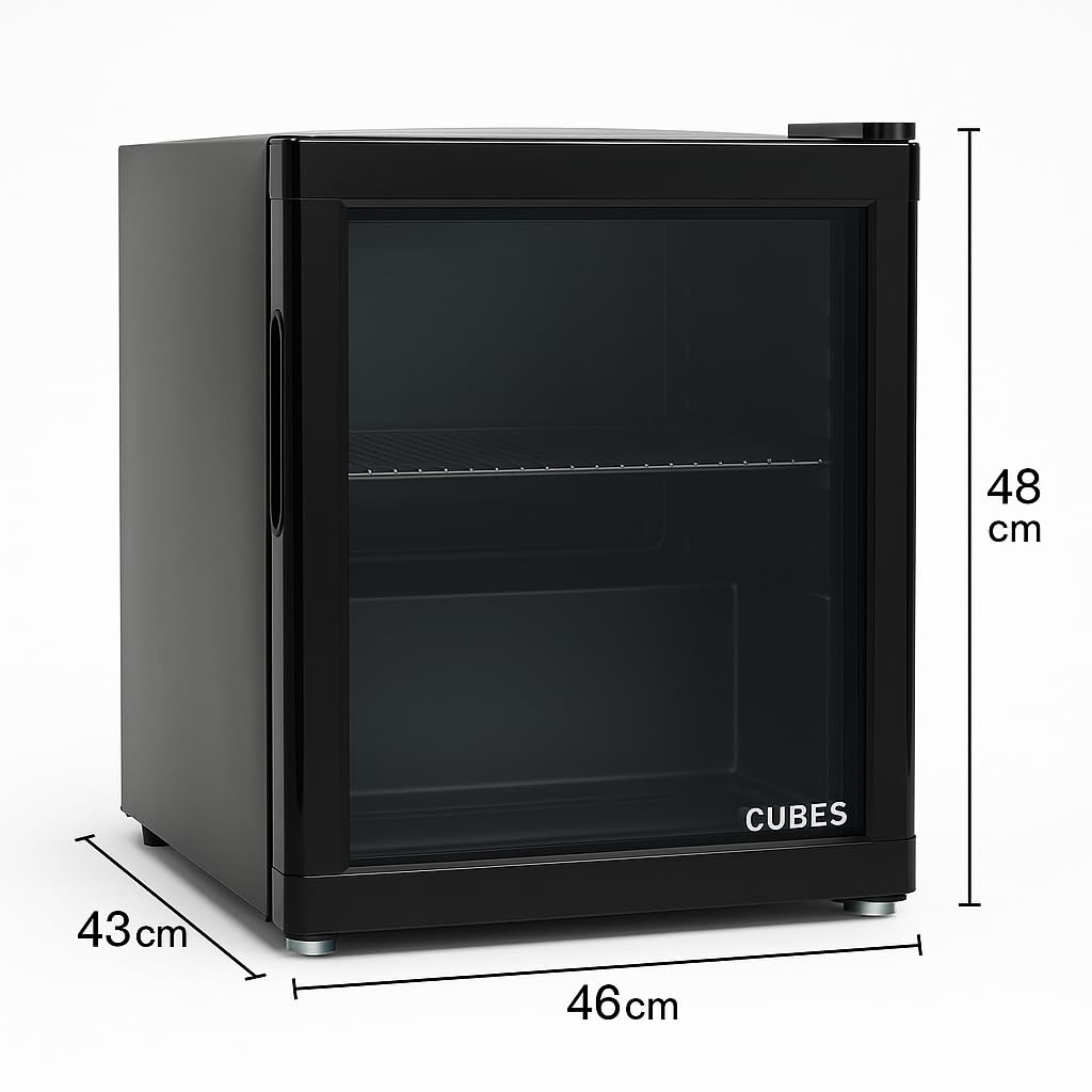 °CUBES Mini Kühlschrank schwarz 48L | Leise & energieeffizient | Kompakter Getränkekühlschrank mit Glastür – Perfekt für Büro, Gaming & Camping | Kleiner Kühlschrank mini fridge
