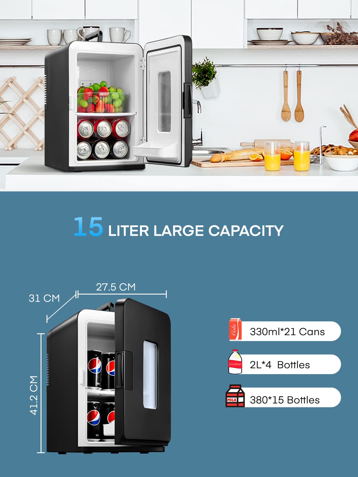 NORTHCLAN Mini Kühlschrank für Zimmer 15L, mit 220V AC/12V DC für den Auto- und Heimgebrauch, Tragbarer Kühl- und Heizkühlschrank Perfekt für Getränke, Kosmetik, Snacks, Max & Eco-Modus, Schwarz