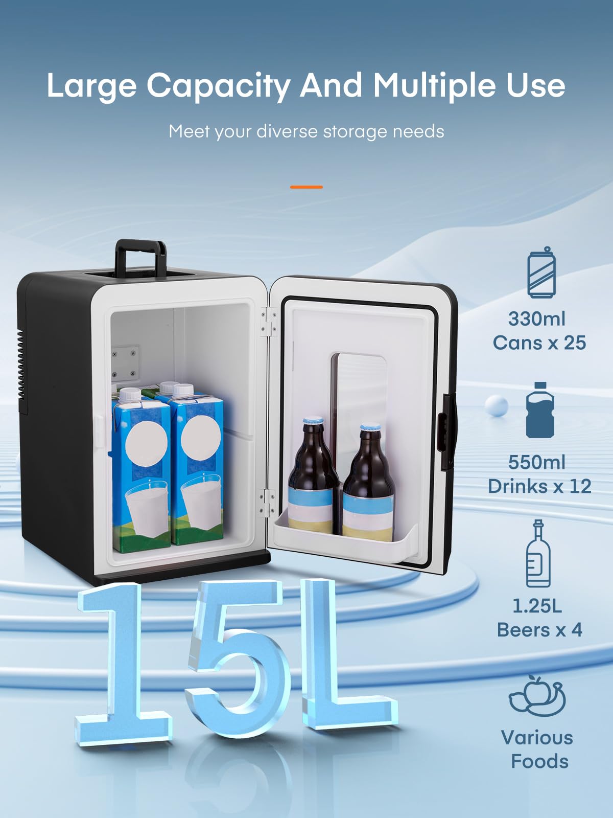 FOHERE 2 in 1 Mini Kühlschrank, 15L Kühlschrank für Zimmer mit Kühl- und Heizfunktion, DC/AC für Autos, Büros und Wohnheim, ECO-Low-Noise-Modus, für Kosmetik und Getränke, Schwarz