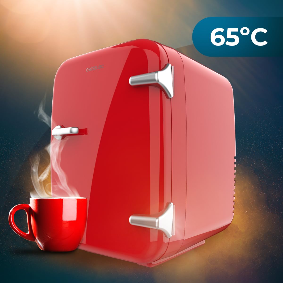 Cecotec Mini-Kühlschrank Bolero MiniCooling 4L Havanna Red, Betrieb mit 12V-220V, Kompatibel mit Auto und Wohnwagen, Kühl- und Heizfunktion, Temperaturbereich 5-65º, Einfacher Transport.