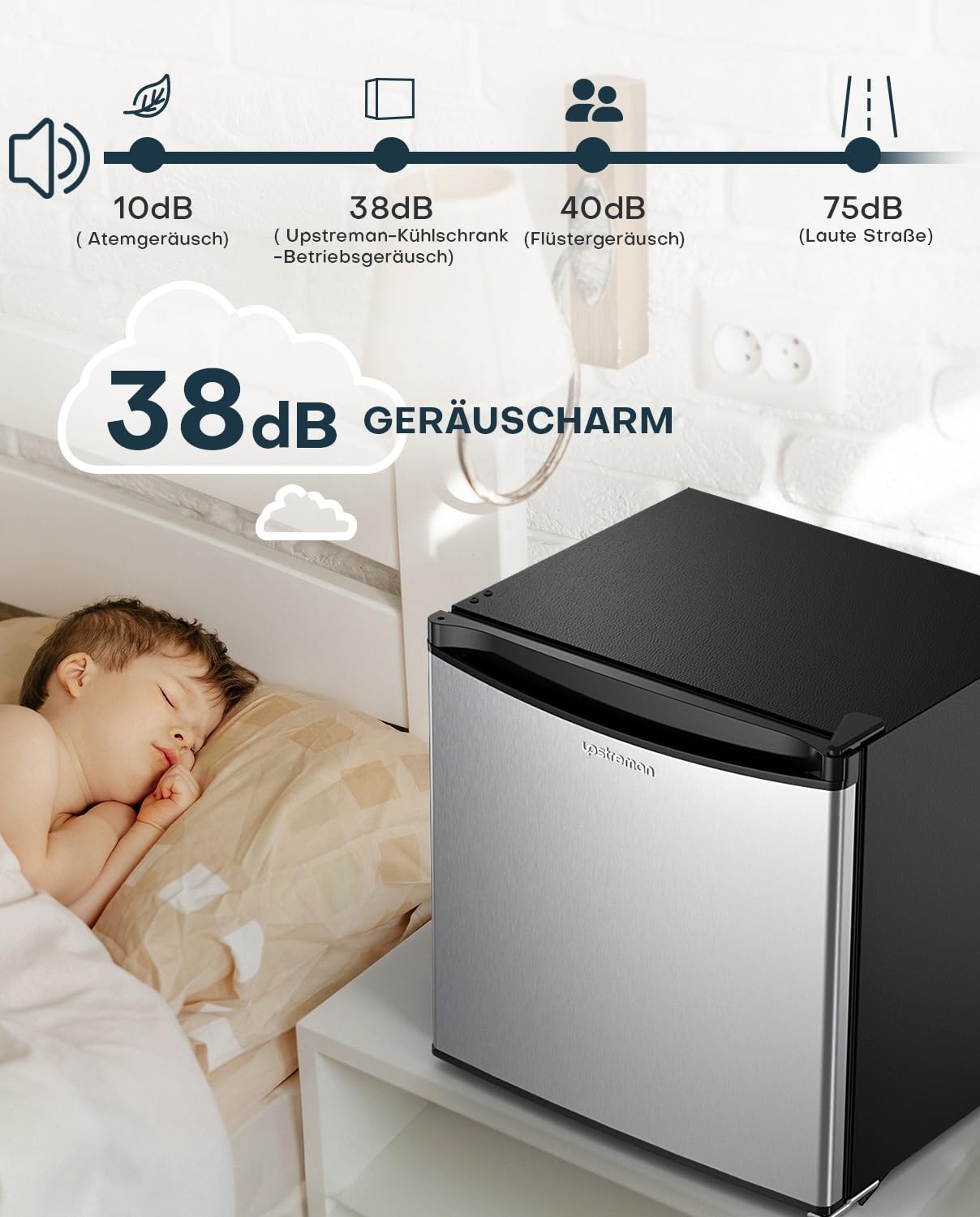 Upstreman 46L Mini Kühlschrank mit Eisfach, Temperaturregelung, energiesparend, leise, eintüriger Getränkekühlschrank, perfekt für Wohnheim, Küche, Büro, Schlafzimmer, Edelstahl-FR17