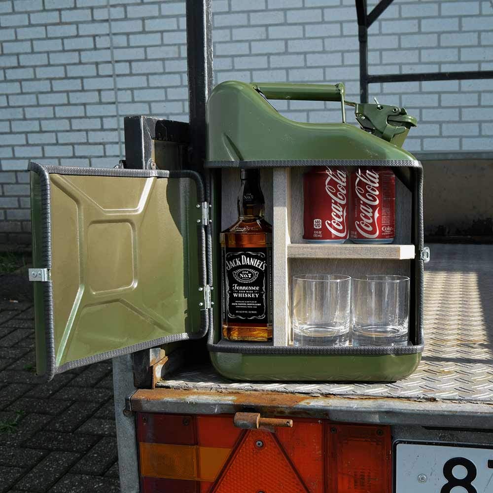 MikaMax 10L Kanister Bar Männer, Abschließbare Minibar, Weinlagerung mit Flaschenhalter, Enthält 2 Gläser, Grün