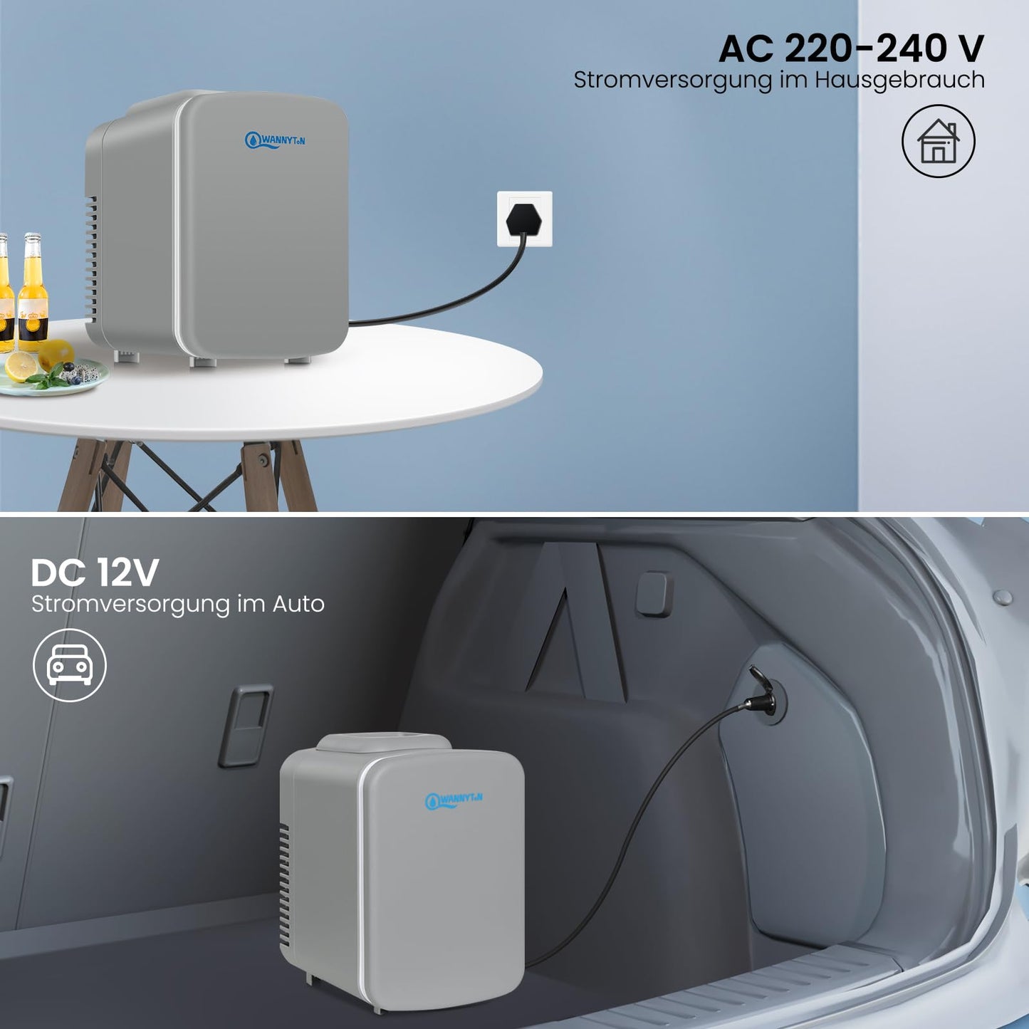 WANNYTON Mini Kühlschrank 4 Liter / 6 Dosen, tragbarer kleiner Kühlschränke mit Kühl- und Heizfunktion, Getränkekühlschrank für Zimmer Auto Büro, AC 220-240 V, DC 12 V, Grau