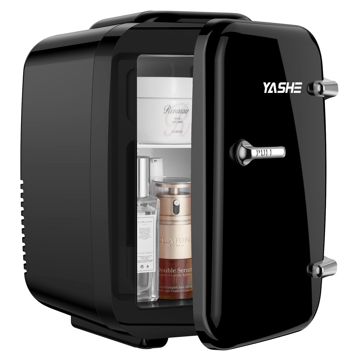 YASHE Mini Kühlschrank, 4 Liter Mini-Kühlschränke für Kosmetik, Getränke, 220V AC/ 12V DC Thermoelektrische Kühlung und Erwärmung, Kleiner Kühlschrank für Schlafzimmer, Büro, Wohnheim, Auto (Schwarz)
