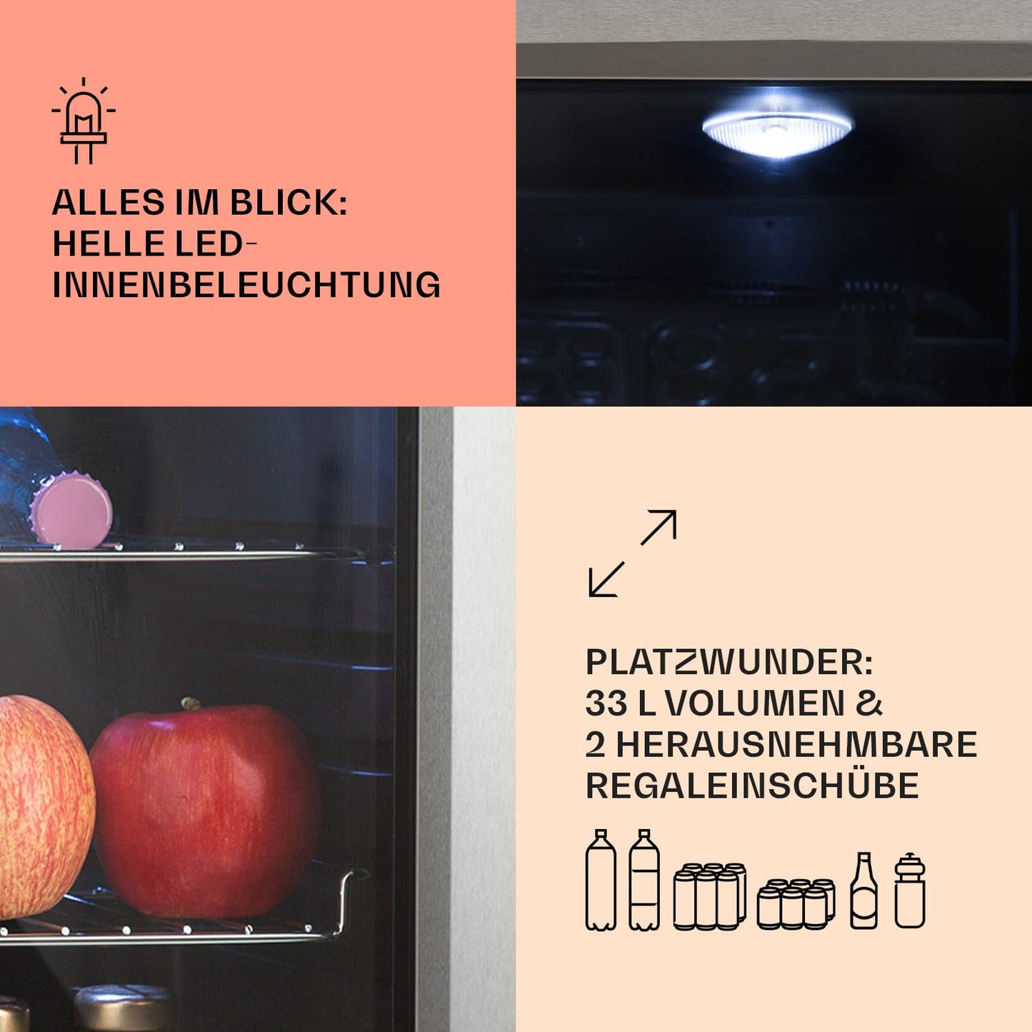 Klarstein Mini Kühlschrank 33 L – Leise, Glastür, Verstellbare Ablagen
