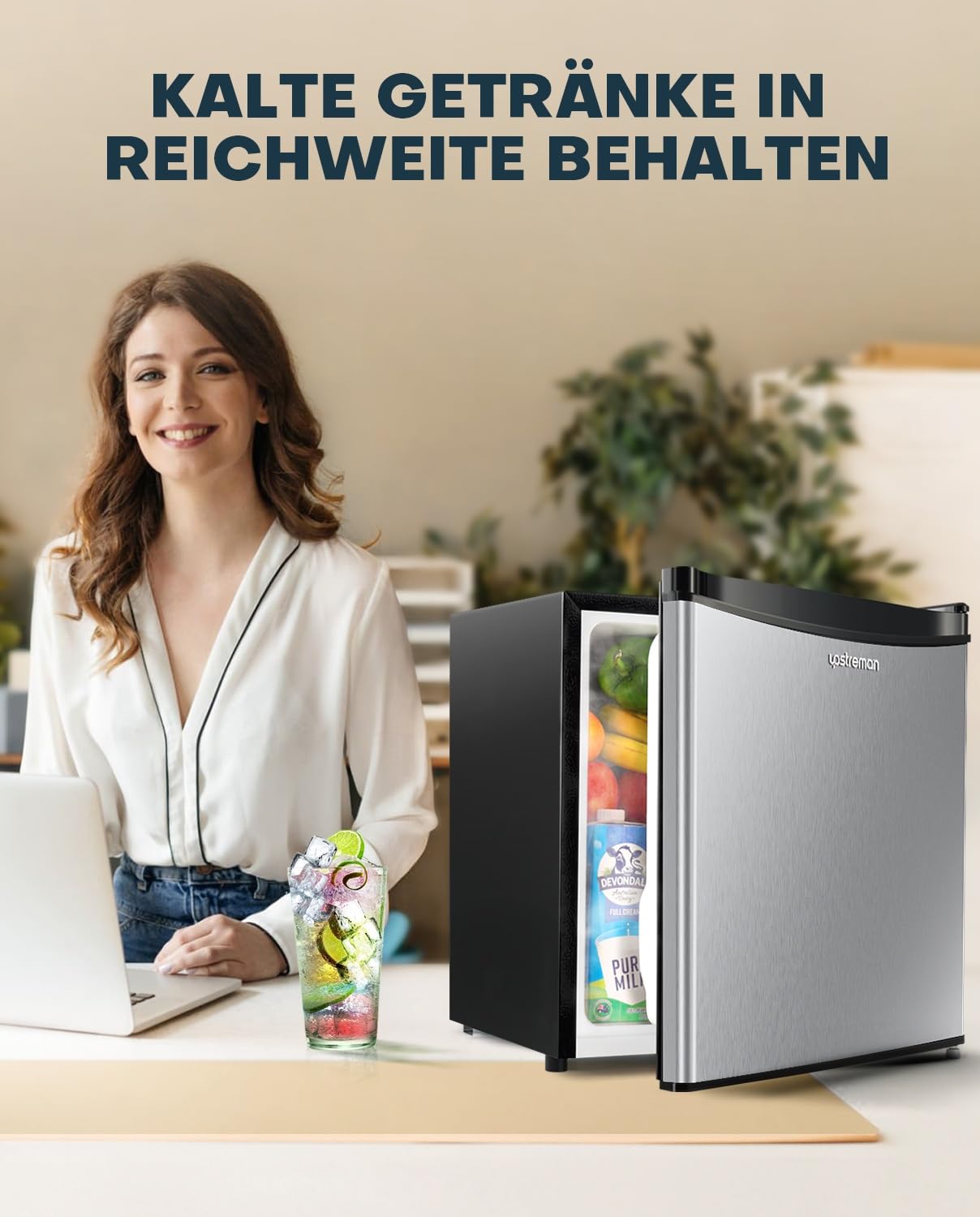 Upstreman 46L Mini Kühlschrank mit Eisfach, Temperaturregelung, energiesparend, leise, eintüriger Getränkekühlschrank, perfekt für Wohnheim, Küche, Büro, Schlafzimmer, Edelstahl-FR17