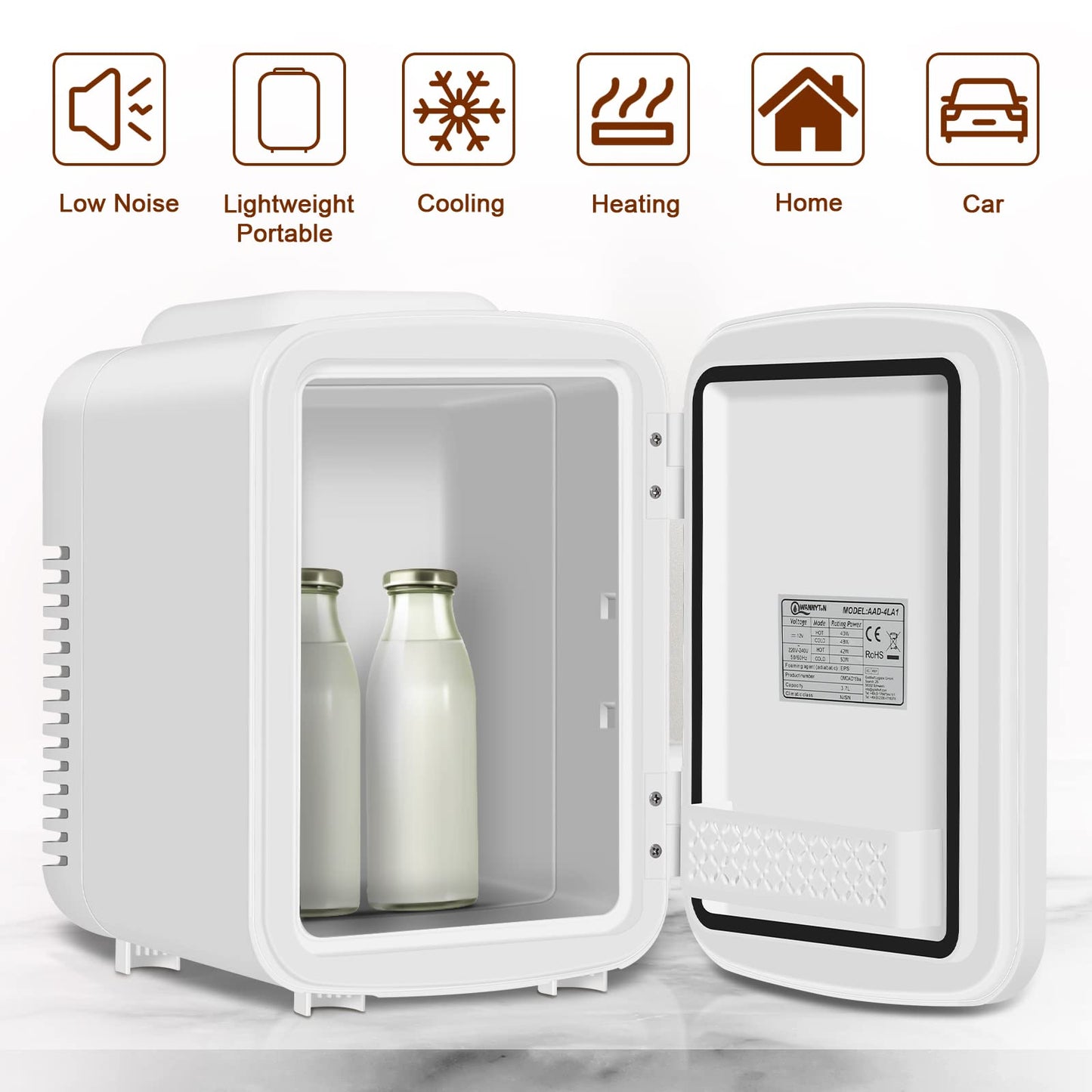 WANNYTON Mini Kühlschrank 4 Liter / 6 Dosen, Tragbarer Kleiner Kühlschränke mit Kühl- und Heizfunktion, Getränkekühlschrank für Zimmer Auto Büro, AC 220-240 V, DC 12 V, Weiß