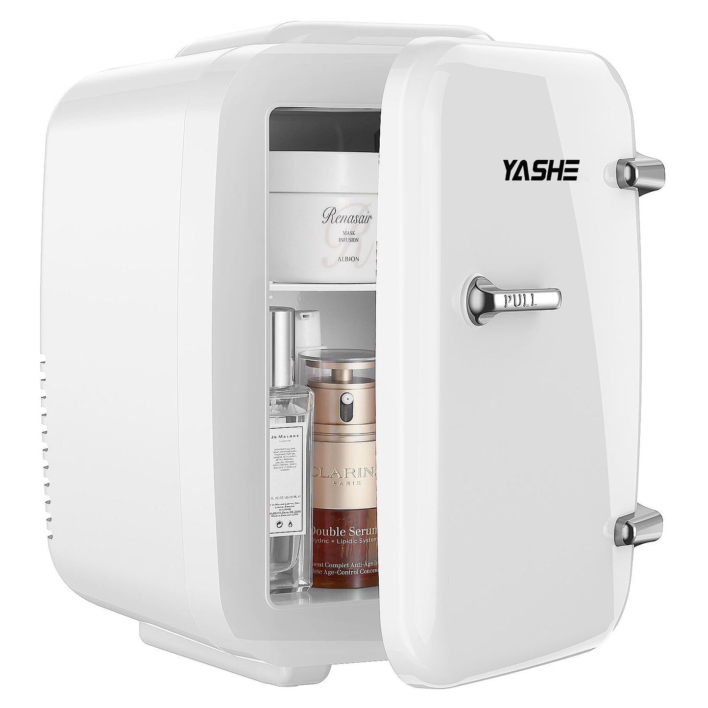 YASHE Mini Kühlschrank, 4 Liter Mini-Kühlschränke für Kosmetik, Getränke, 220V AC/ 12V DC Thermoelektrische Kühlung und Erwärmung, Kleiner Kühlschrank für Schlafzimmer, Büro, Wohnheim, Auto (Weiß)