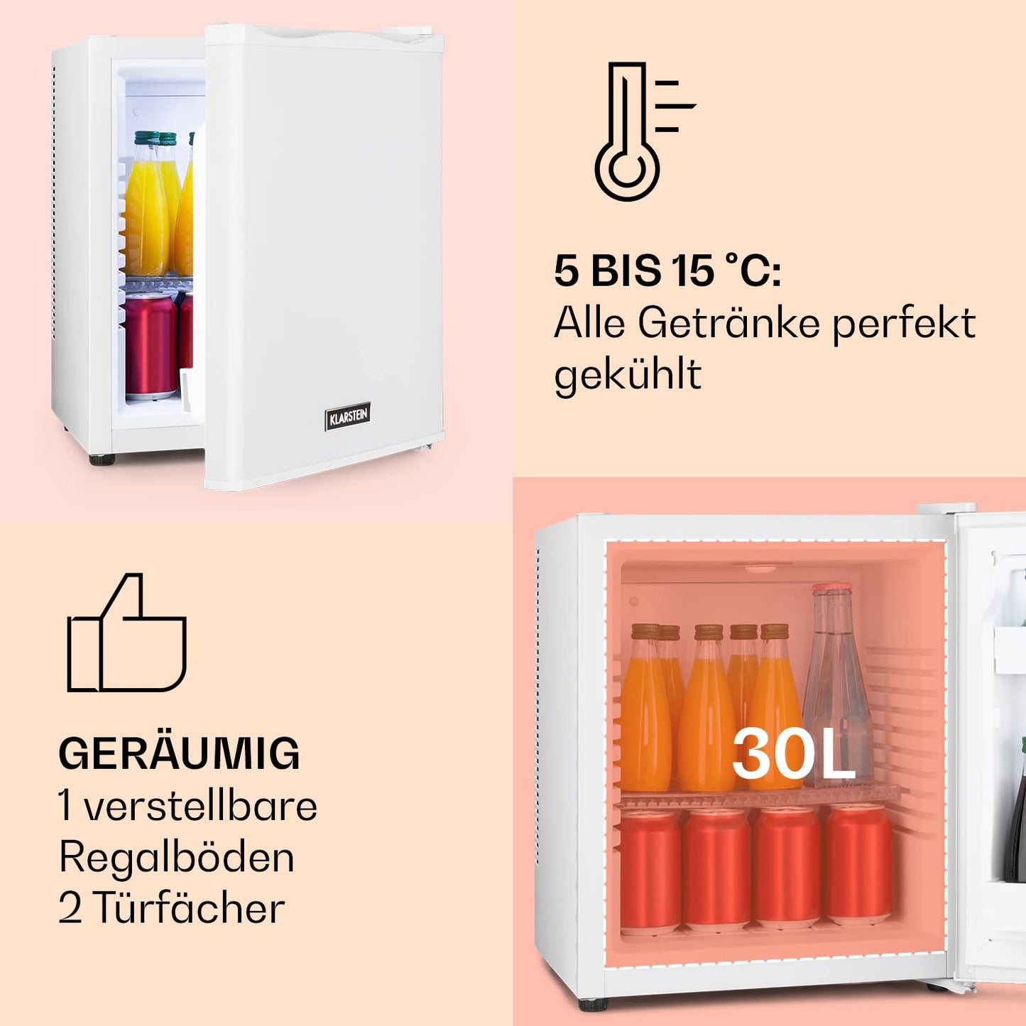 Klarstein Mini Kühlschrank für Zimmer, 30L Mini-Kühlschrank für Getränke & Kosmetik, Kleine Minibar, Kühlschrank Klein & Leise, Verstellbare Ablagen, Kleiner Skincare Kühlschrank 5-15°C
