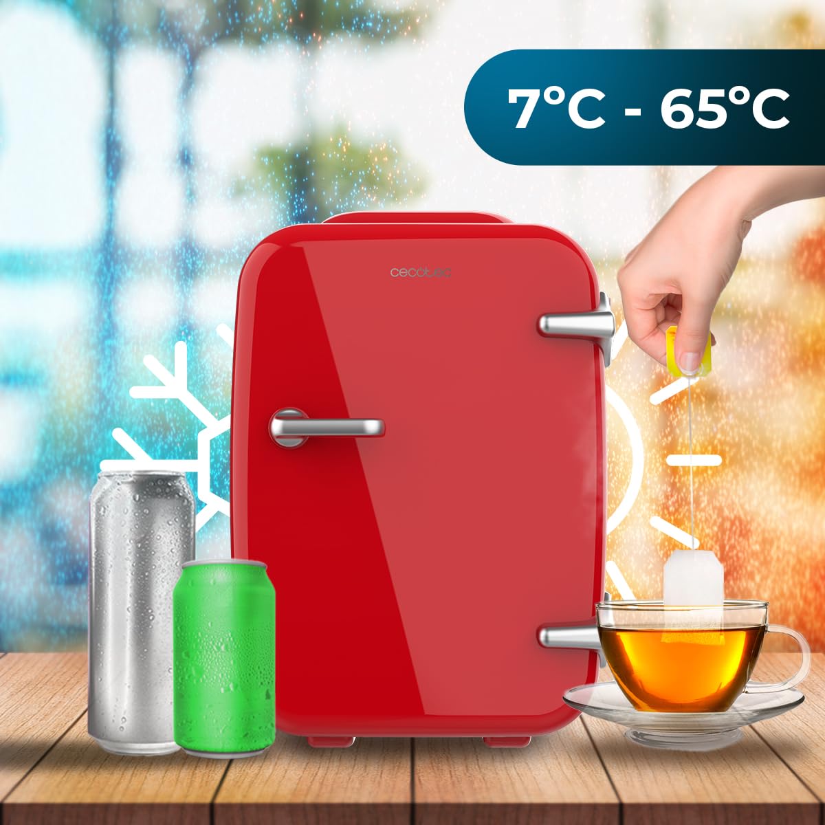 Cecotec Mini-Kühlschrank Bolero MiniCooling 4L Havanna Red, Betrieb mit 12V-220V, Kompatibel mit Auto und Wohnwagen, Kühl- und Heizfunktion, Temperaturbereich 5-65º, Einfacher Transport.