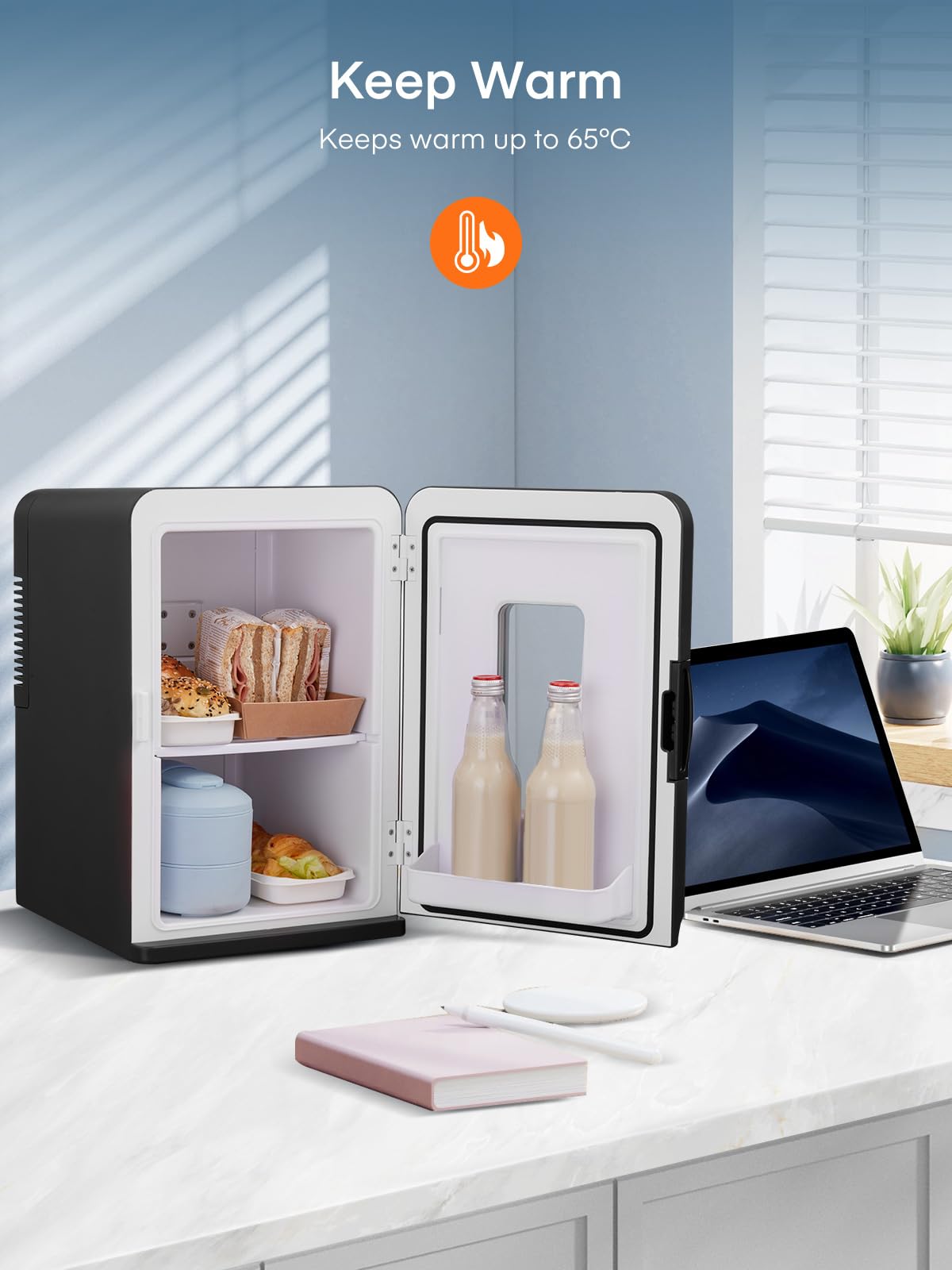 FOHERE 2 in 1 Mini Kühlschrank, 15L Kühlschrank für Zimmer mit Kühl- und Heizfunktion, DC/AC für Autos, Büros und Wohnheim, ECO-Low-Noise-Modus, für Kosmetik und Getränke, Schwarz