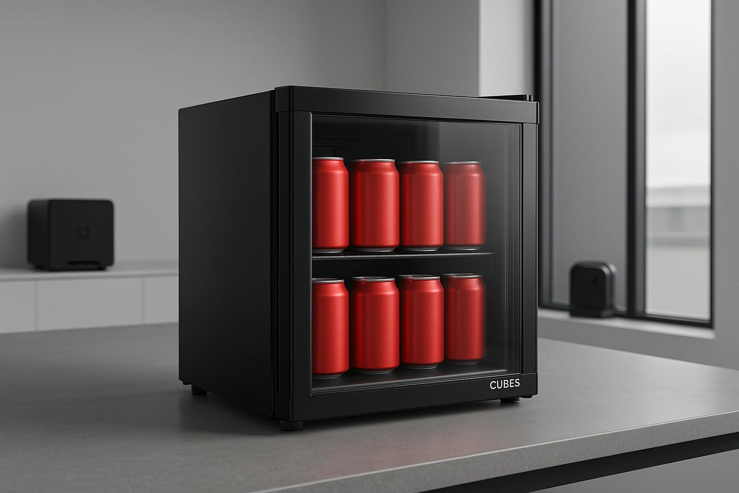 °CUBES Mini Kühlschrank schwarz 48L | Leise & energieeffizient | Kompakter Getränkekühlschrank mit Glastür – Perfekt für Büro, Gaming & Camping | Kleiner Kühlschrank mini fridge