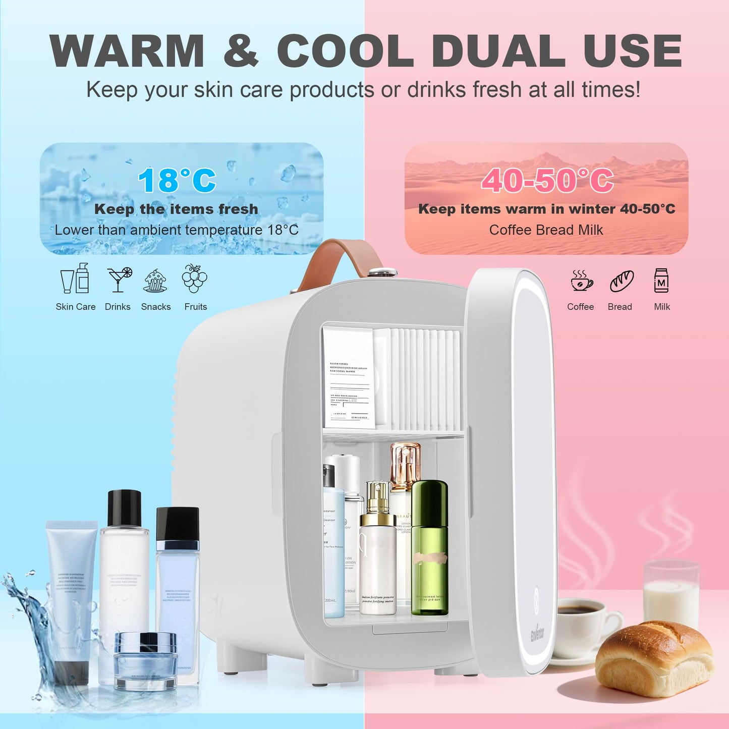 Enventor Mini-Kühlschrank 4L/6 Dosen, Kosmetik Kühlschrank mit Dimmbarem LED-Lichtspiegel, AC+12V DC, Kühler & Wärmer für Schlafzimmer, Zuhause, Auto/Hautpflege und Lebensmittel, Weiß