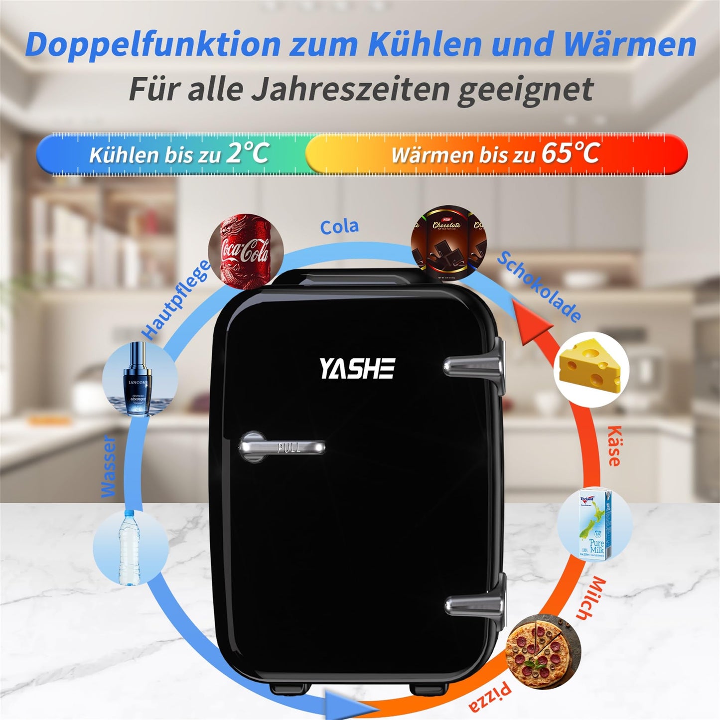YASHE Mini Kühlschrank, 4 Liter Mini-Kühlschränke für Kosmetik, Getränke, 220V AC/ 12V DC Thermoelektrische Kühlung und Erwärmung, Kleiner Kühlschrank für Schlafzimmer, Büro, Wohnheim, Auto (Schwarz)