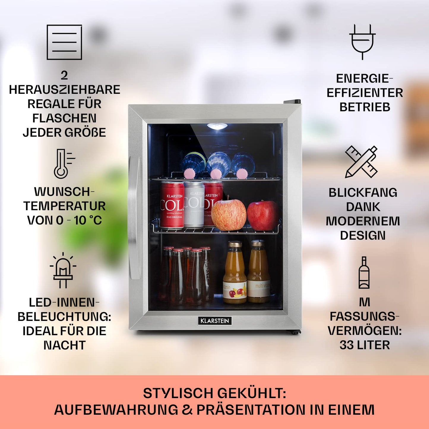 Klarstein Mini Kühlschrank 33 L – Leise, Glastür, Verstellbare Ablagen
