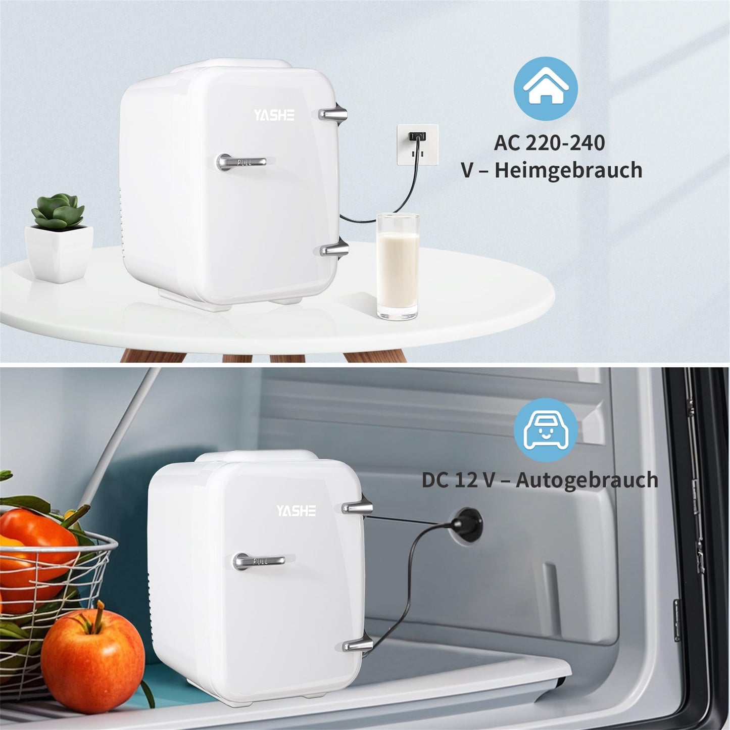 YASHE Mini Kühlschrank, 4 Liter Mini-Kühlschränke für Kosmetik, Getränke, 220V AC/ 12V DC Thermoelektrische Kühlung und Erwärmung, Kleiner Kühlschrank für Schlafzimmer, Büro, Wohnheim, Auto (Weiß)