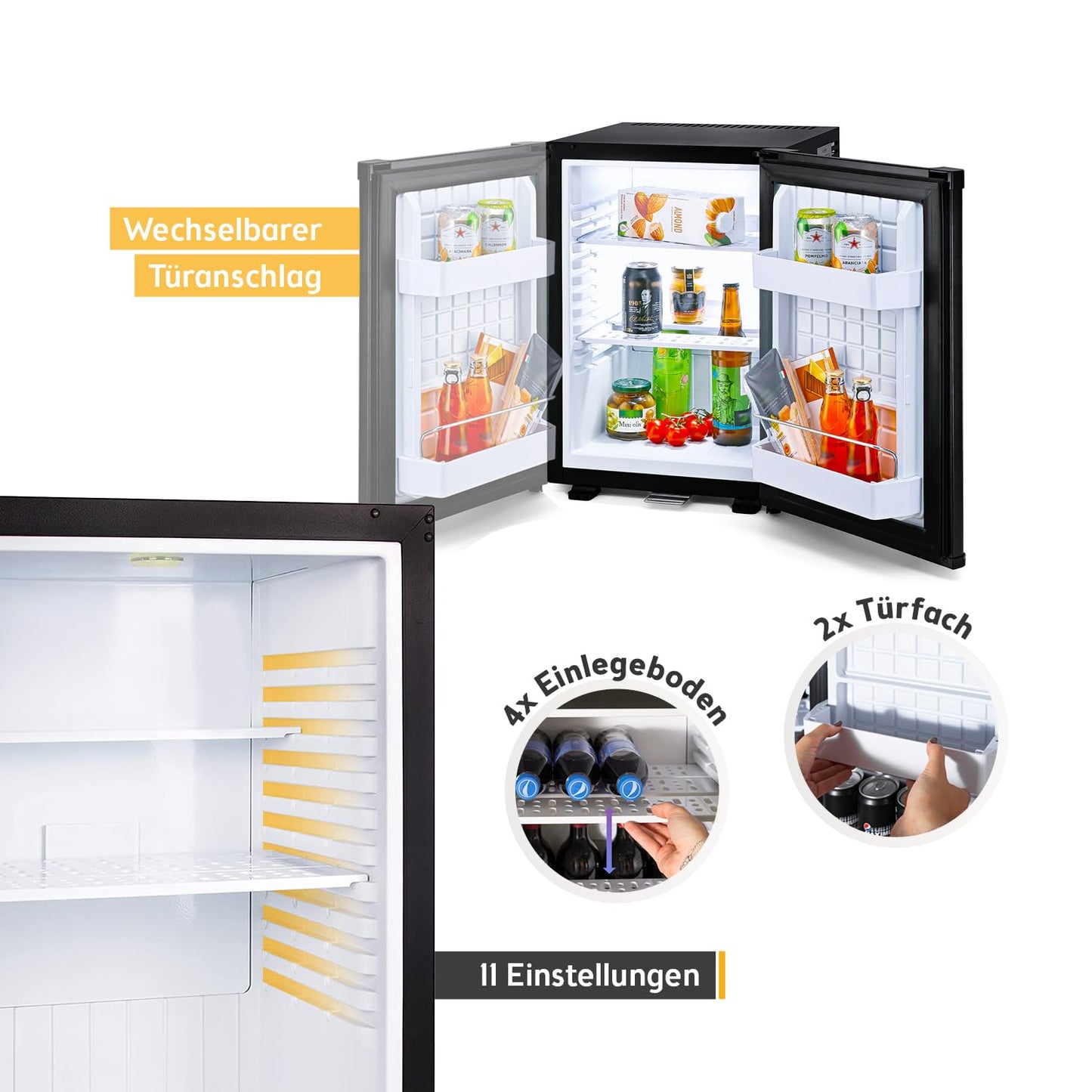 TZS First Austria - Mini Kühlschrank 40L lautlos & abschließbar - Kleiner Minikühlschrank, wechselbarer Türanschlag & Innenbeleuchtung - Minibar für Camping, Büro, Schlafzimmer & Hotel - Mattschwarz