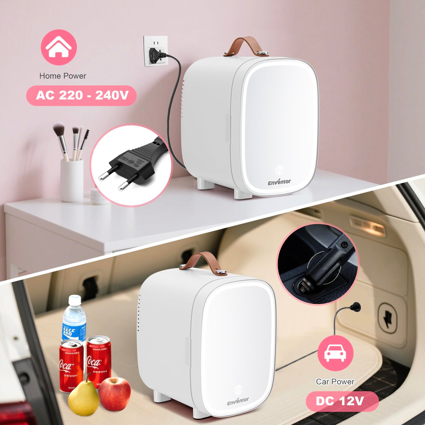 Enventor Mini-Kühlschrank 4L/6 Dosen, Kosmetik Kühlschrank mit Dimmbarem LED-Lichtspiegel, AC+12V DC, Kühler & Wärmer für Schlafzimmer, Zuhause, Auto/Hautpflege und Lebensmittel, Weiß