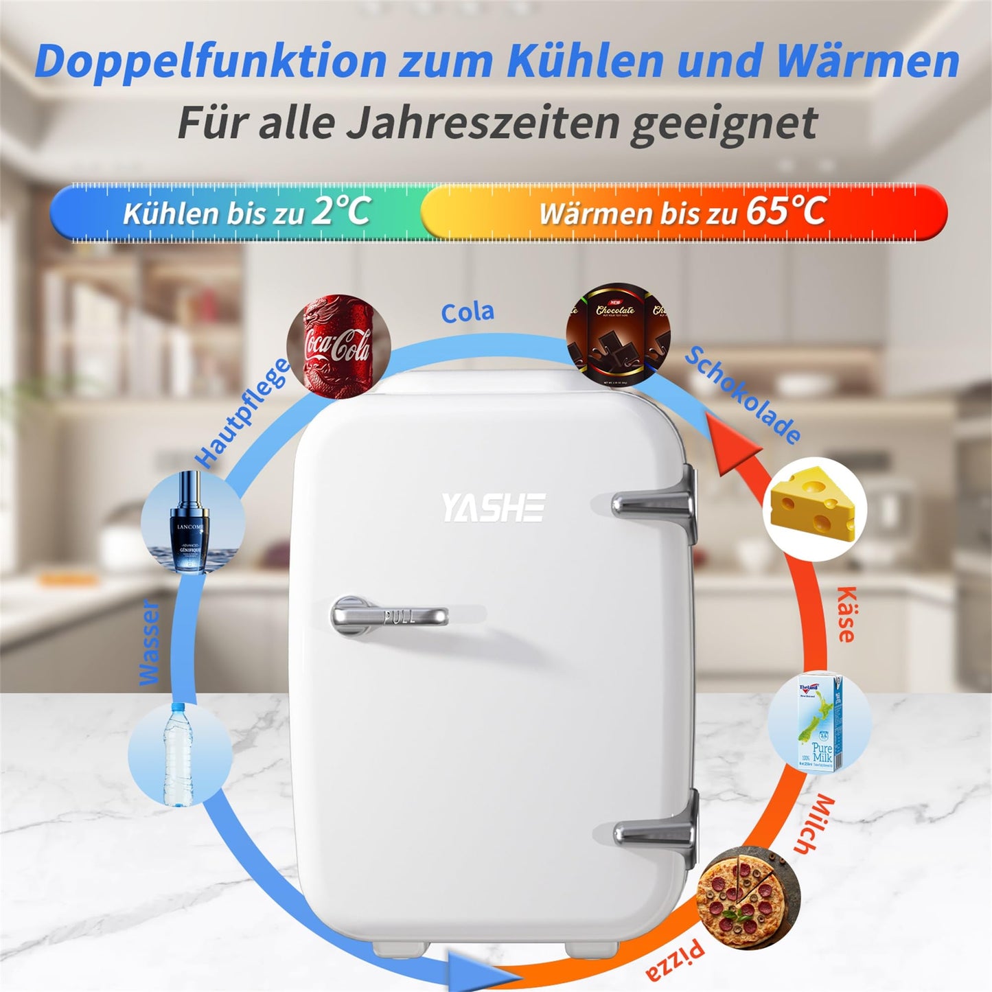 YASHE Mini Kühlschrank, 4 Liter Mini-Kühlschränke für Kosmetik, Getränke, 220V AC/ 12V DC Thermoelektrische Kühlung und Erwärmung, Kleiner Kühlschrank für Schlafzimmer, Büro, Wohnheim, Auto (Weiß)
