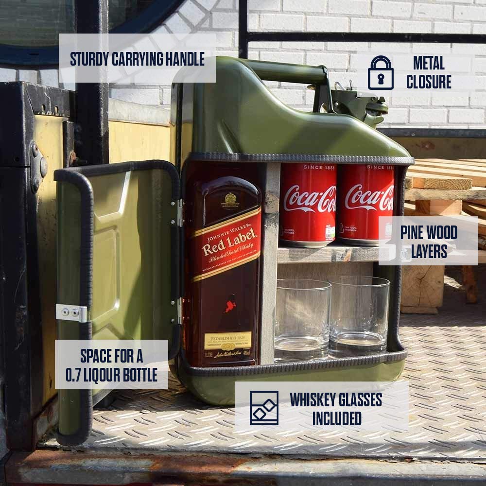 MikaMax 10L Kanister Bar Männer, Abschließbare Minibar, Weinlagerung mit Flaschenhalter, Enthält 2 Gläser, Grün