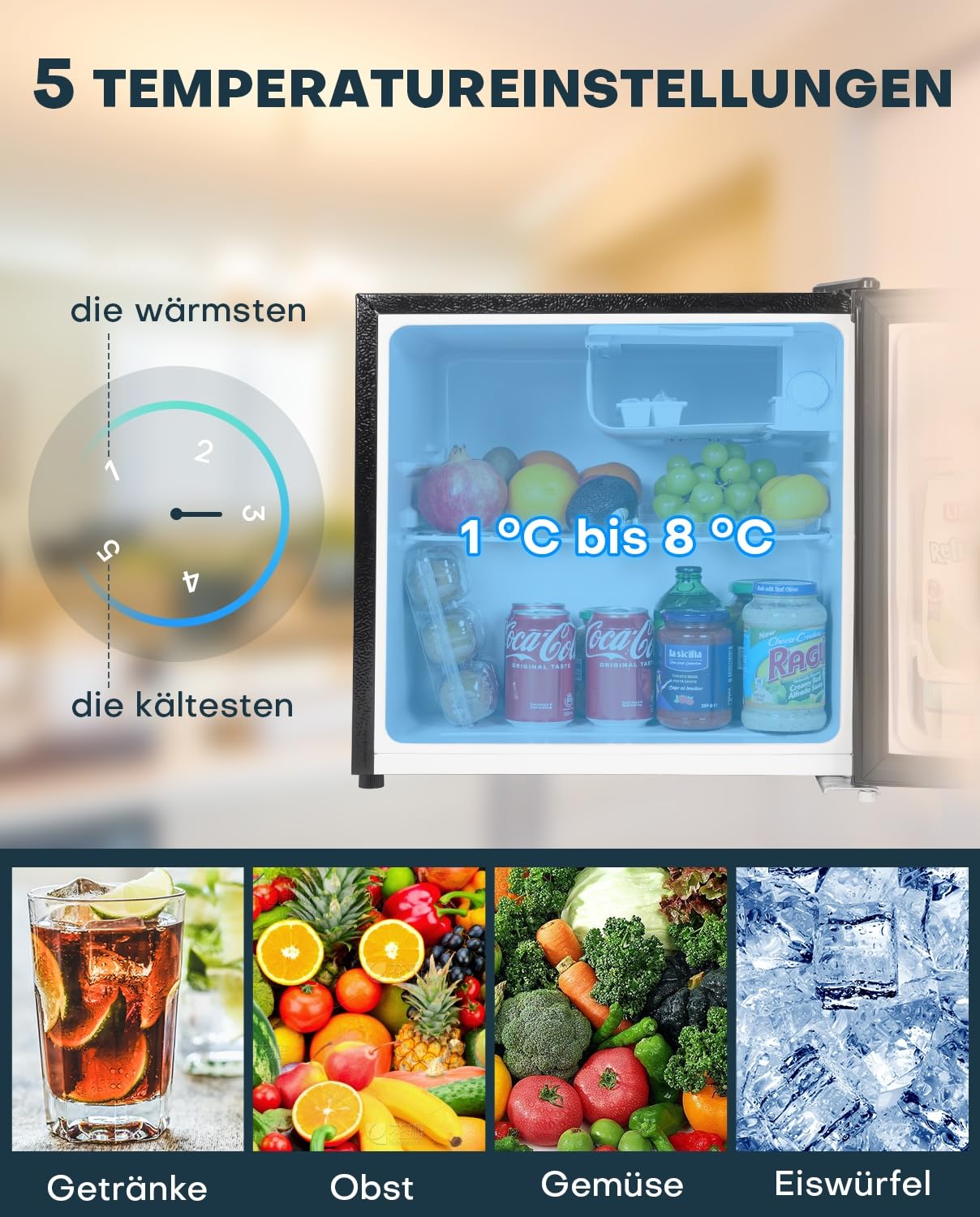 Upstreman 46L Mini Kühlschrank mit Eisfach, Temperaturregelung, energiesparend, leise, eintüriger Getränkekühlschrank, perfekt für Wohnheim, Küche, Büro, Schlafzimmer, Edelstahl-FR17