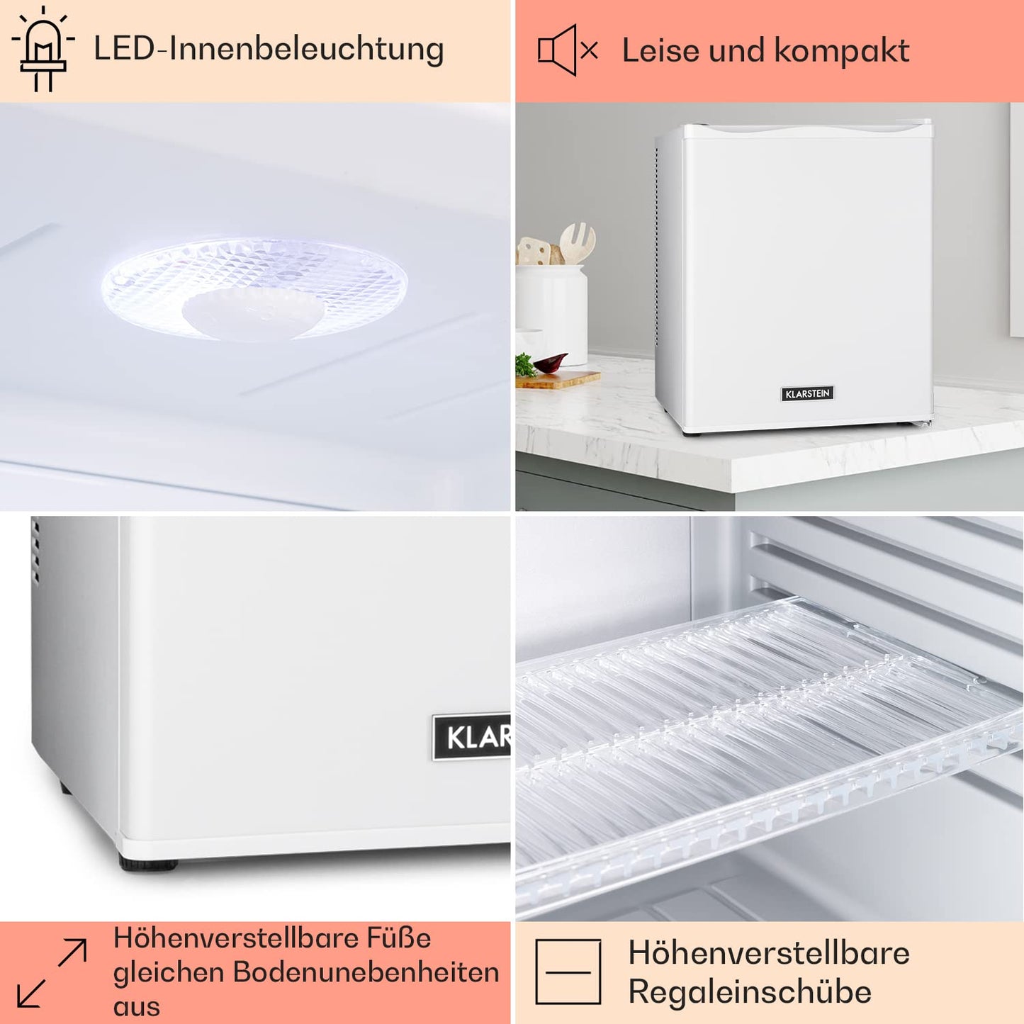 Klarstein Mini Kühlschrank für Zimmer, 30L Mini-Kühlschrank für Getränke & Kosmetik, Kleine Minibar, Kühlschrank Klein & Leise, Verstellbare Ablagen, Kleiner Skincare Kühlschrank 5-15°C