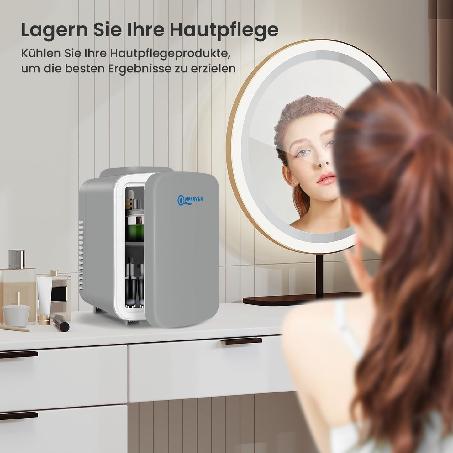 WANNYTON Mini Kühlschrank 4 Liter / 6 Dosen, tragbarer kleiner Kühlschränke mit Kühl- und Heizfunktion, Getränkekühlschrank für Zimmer Auto Büro, AC 220-240 V, DC 12 V, Grau