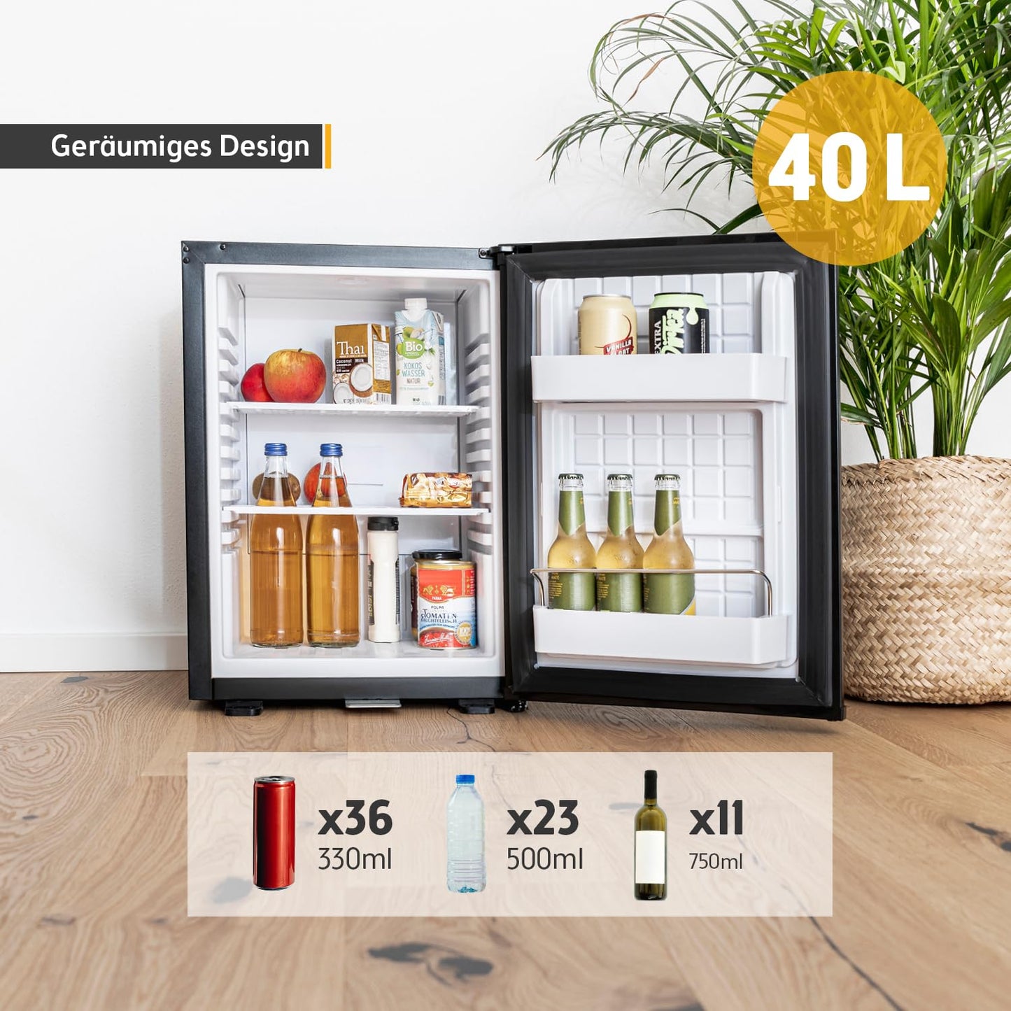 TZS First Austria - Mini Kühlschrank 40L lautlos & abschließbar - Kleiner Minikühlschrank, wechselbarer Türanschlag & Innenbeleuchtung - Minibar für Camping, Büro, Schlafzimmer & Hotel - Mattschwarz