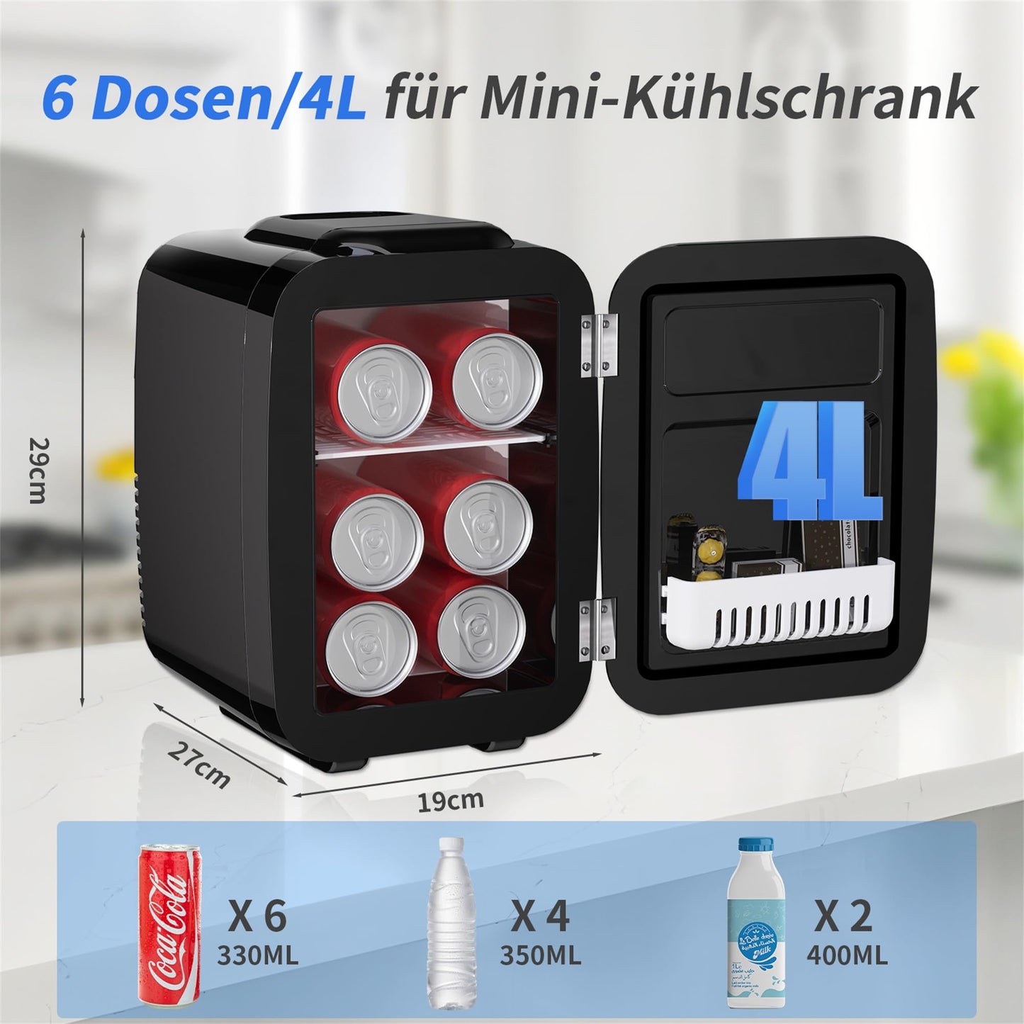 YASHE Mini Kühlschrank, 4 Liter Mini-Kühlschränke für Kosmetik, Getränke, 220V AC/ 12V DC Thermoelektrische Kühlung und Erwärmung, Kleiner Kühlschrank für Schlafzimmer, Büro, Wohnheim, Auto (Schwarz)