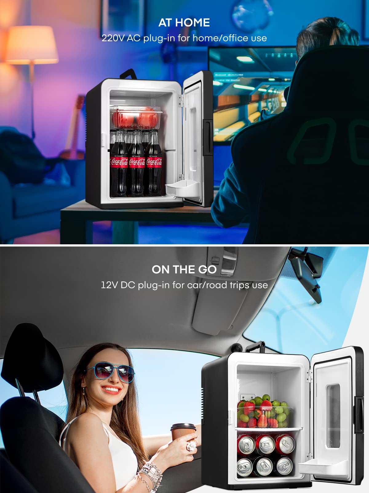 NORTHCLAN Mini Kühlschrank für Zimmer 15L, mit 220V AC/12V DC für den Auto- und Heimgebrauch, Tragbarer Kühl- und Heizkühlschrank Perfekt für Getränke, Kosmetik, Snacks, Max & Eco-Modus, Schwarz