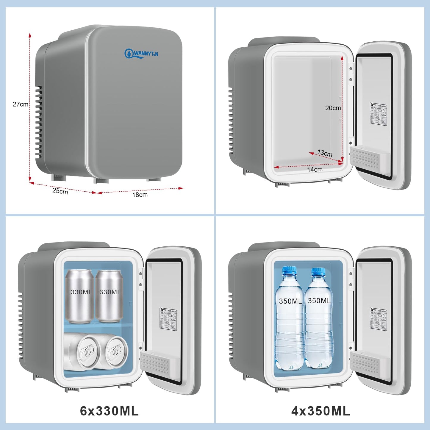 WANNYTON Mini Kühlschrank 4 Liter / 6 Dosen, tragbarer kleiner Kühlschränke mit Kühl- und Heizfunktion, Getränkekühlschrank für Zimmer Auto Büro, AC 220-240 V, DC 12 V, Grau