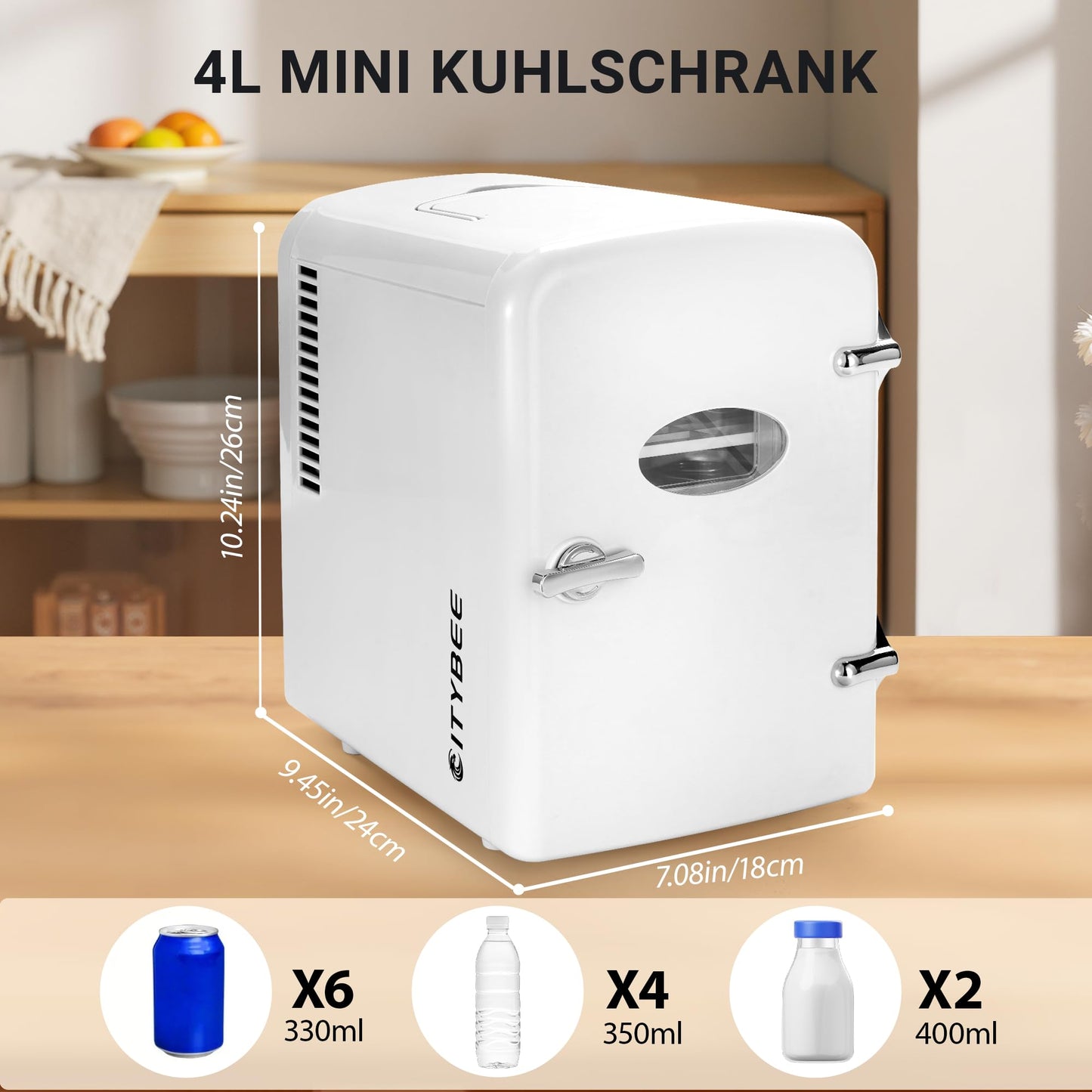 Citybee Mini Kühlschrank Fridge 4L - Kühlschränke klein 12V 230V Läuft Leise Geeignet für Getränke Kosmetik Essen - Minikühlschrank ideal für Auto Zimmer Camping Wohnmobil Büro und Reisen (Weiß)