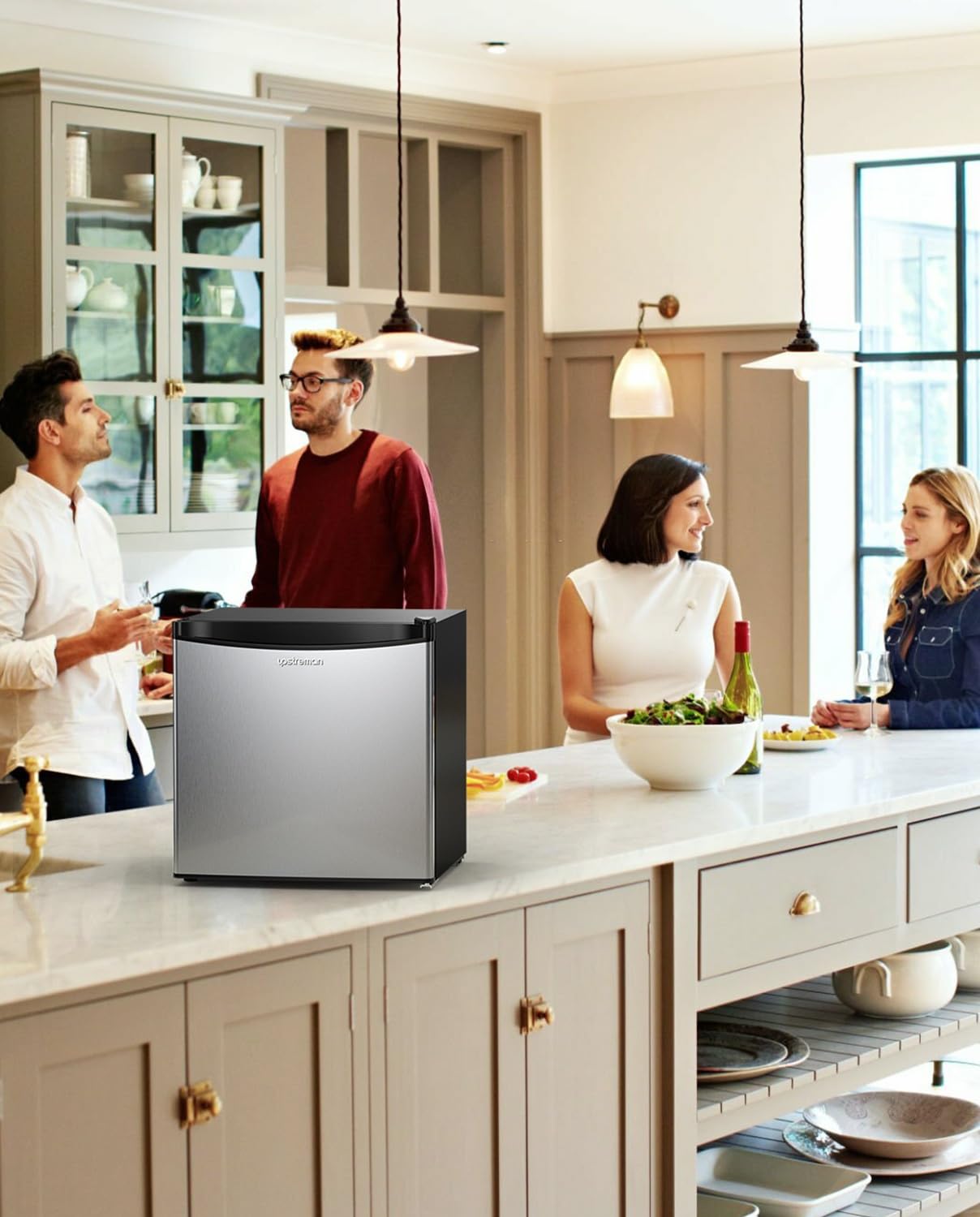 Upstreman 46L Mini Kühlschrank mit Eisfach, Temperaturregelung, energiesparend, leise, eintüriger Getränkekühlschrank, perfekt für Wohnheim, Küche, Büro, Schlafzimmer, Edelstahl-FR17