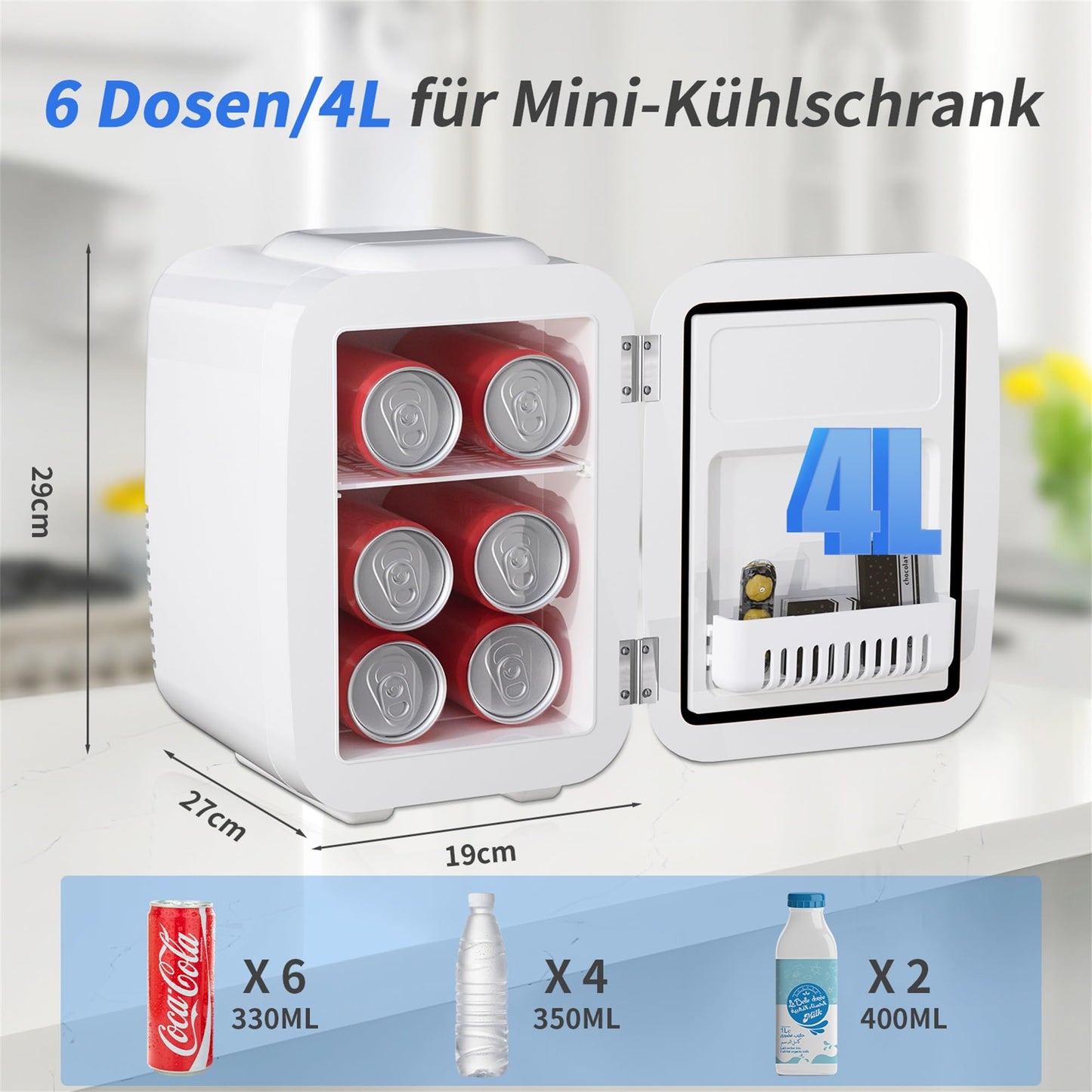 YASHE Mini Kühlschrank, 4 Liter Mini-Kühlschränke für Kosmetik, Getränke, 220V AC/ 12V DC Thermoelektrische Kühlung und Erwärmung, Kleiner Kühlschrank für Schlafzimmer, Büro, Wohnheim, Auto (Weiß)