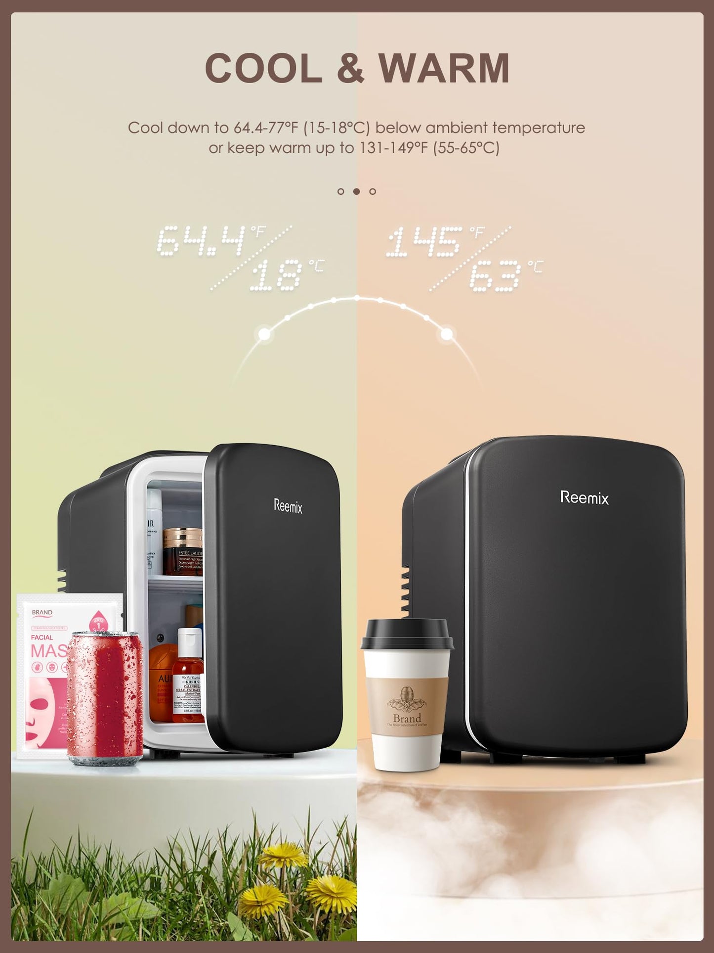 Reemix Mini-Kühlschrank, 4 Liter/6 Dosen, tragbarer Kühler und Wärmer persönlicher Kühlschrank für Hautpflege, Kosmetik, Getränke, Lebensmittel, ideal für Schlafzimmer, Büro, Auto (Schwarz)