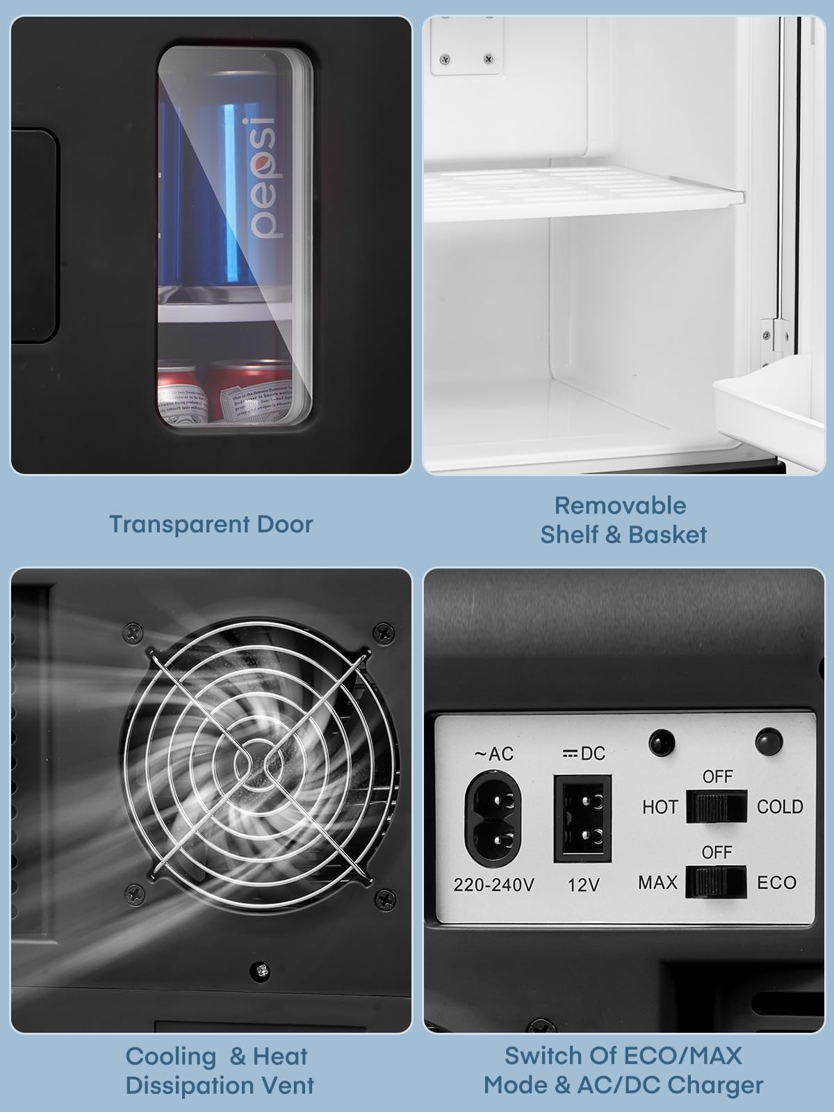 FOHERE 2 in 1 Mini Kühlschrank, 15L Kühlschrank für Zimmer mit Kühl- und Heizfunktion, DC/AC für Autos, Büros und Wohnheim, ECO-Low-Noise-Modus, für Kosmetik und Getränke, Schwarz