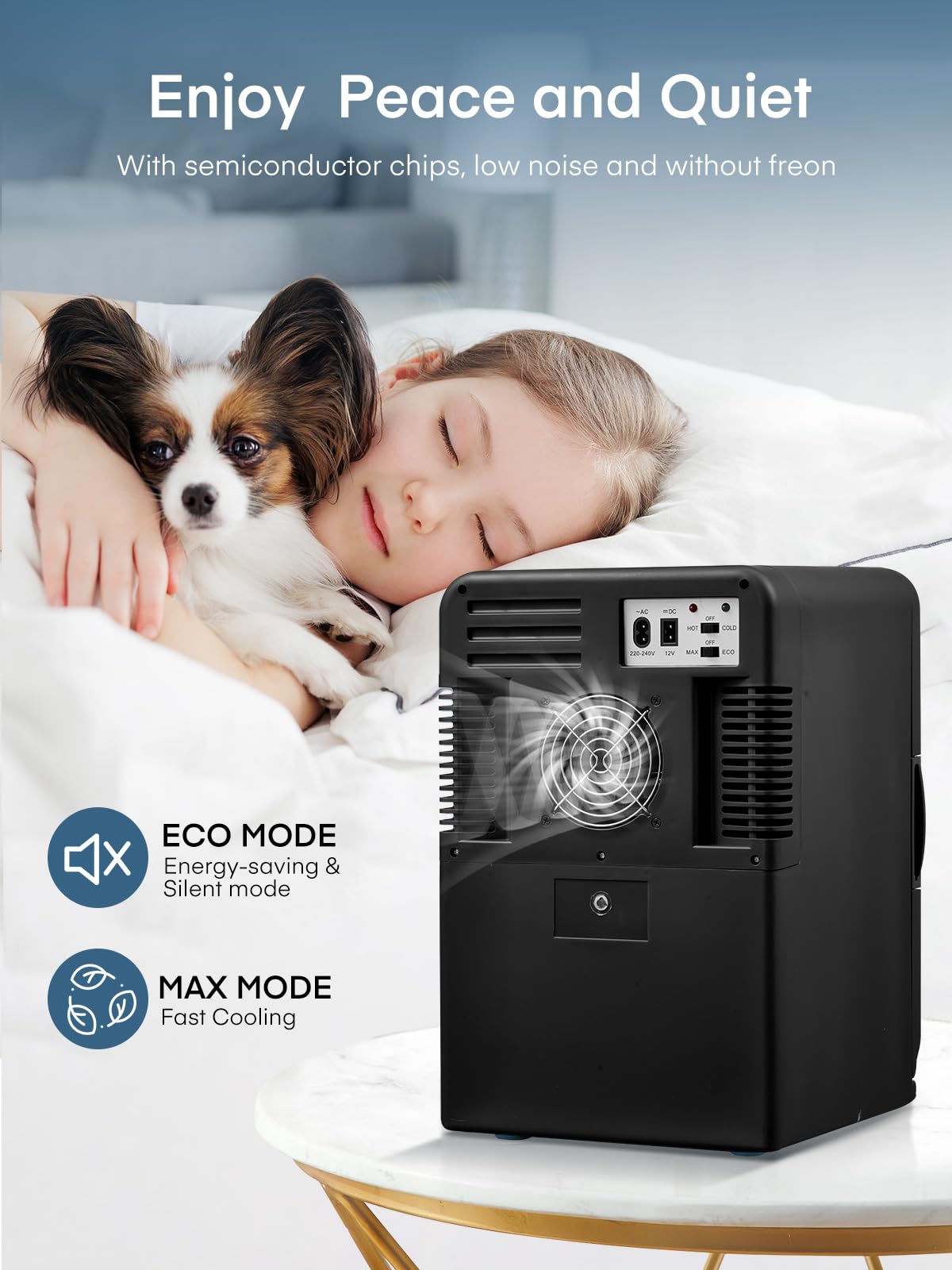 FOHERE 2 in 1 Mini Kühlschrank, 15L Kühlschrank für Zimmer mit Kühl- und Heizfunktion, DC/AC für Autos, Büros und Wohnheim, ECO-Low-Noise-Modus, für Kosmetik und Getränke, Schwarz