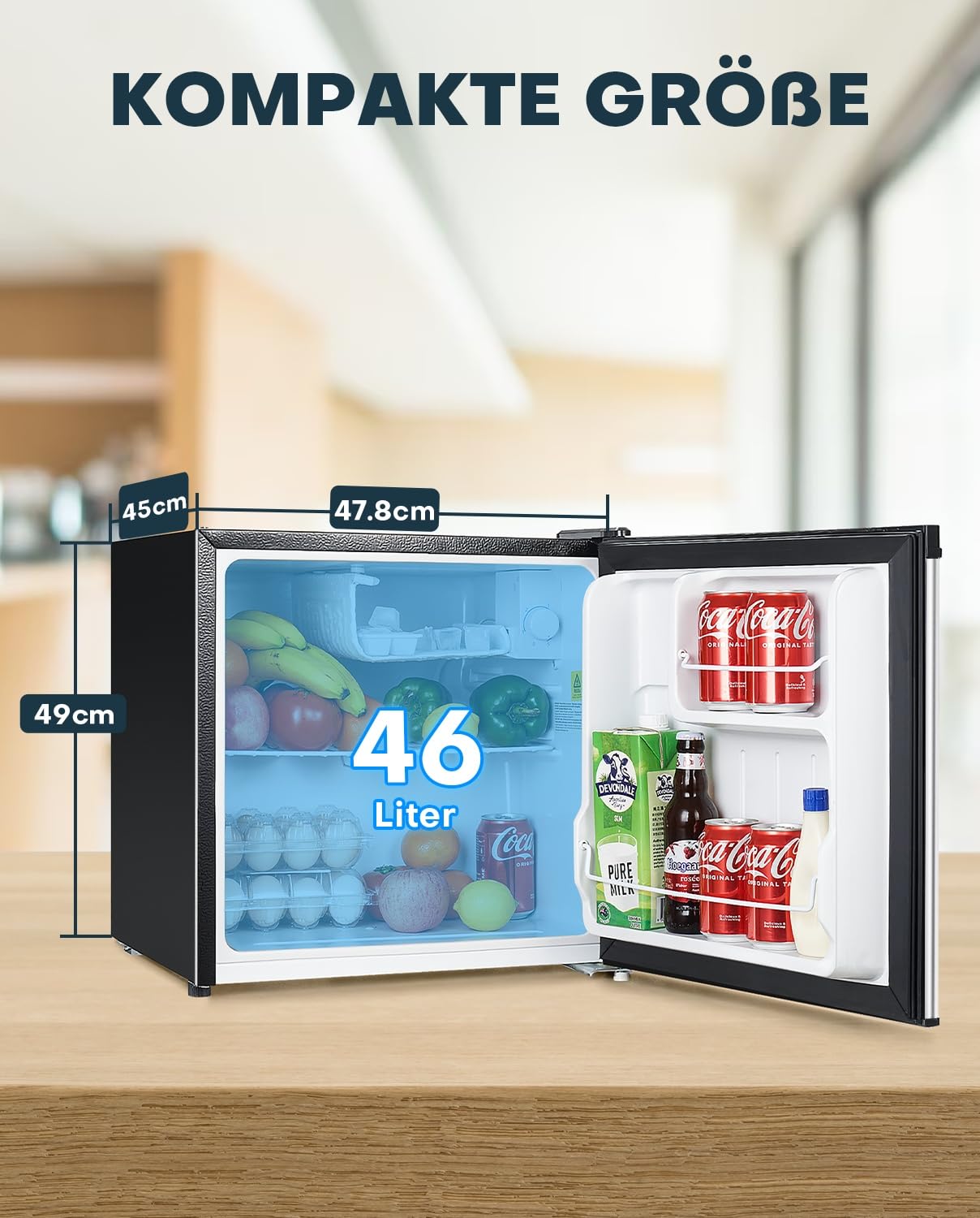 Upstreman 46L Mini Kühlschrank mit Eisfach, Temperaturregelung, energiesparend, leise, eintüriger Getränkekühlschrank, perfekt für Wohnheim, Küche, Büro, Schlafzimmer, Edelstahl-FR17
