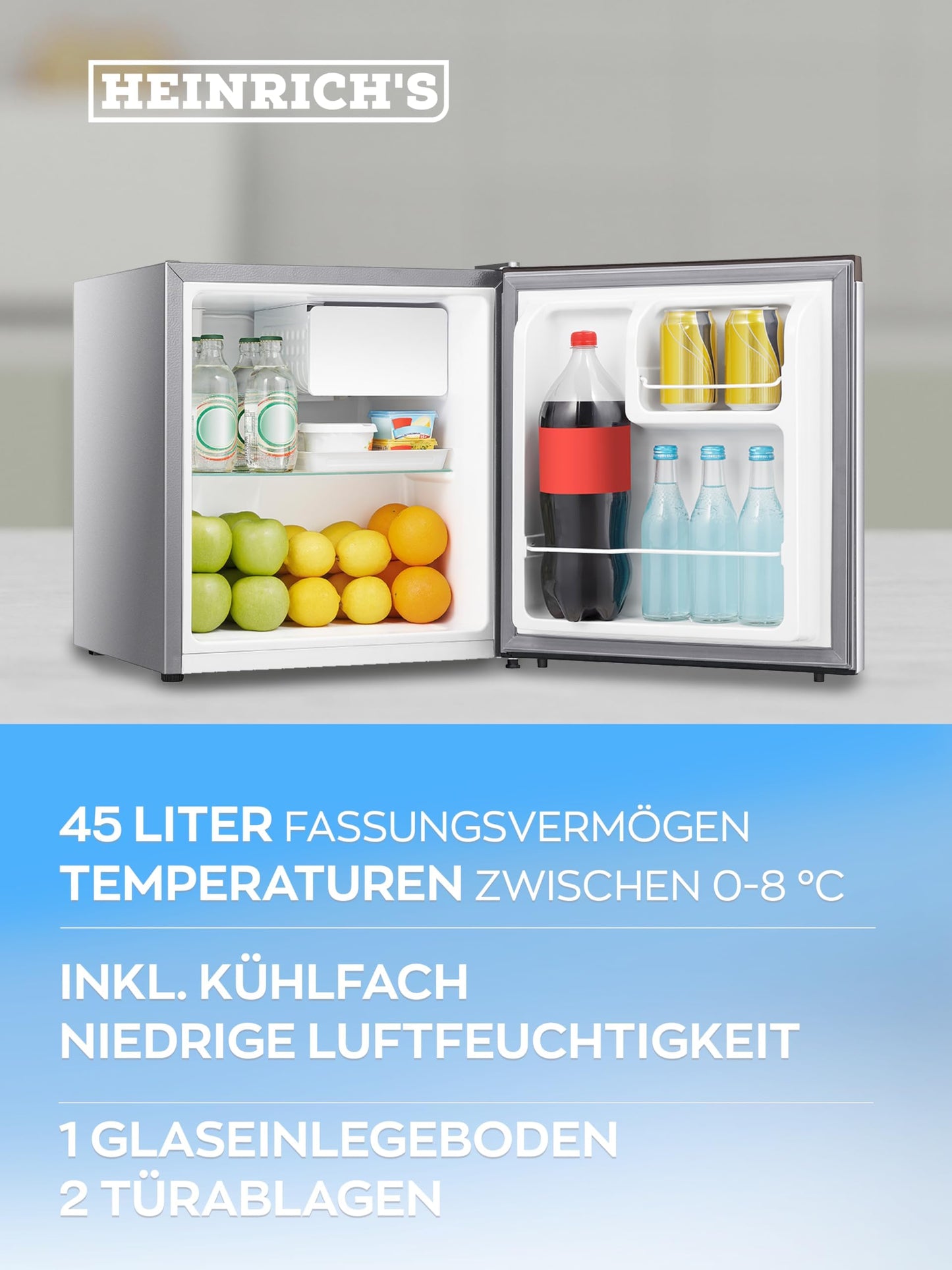 HEINRICHS Getränkekühlschrank 45L klein kompakt leise: 39db mit Kühlfach Mini-Bar; Tisch-Kühlschrank; Mini Kühlschrank mit separatem Kühlfach; perfekt geeignet für Büro Camping Garten Outdoor (Silber)
