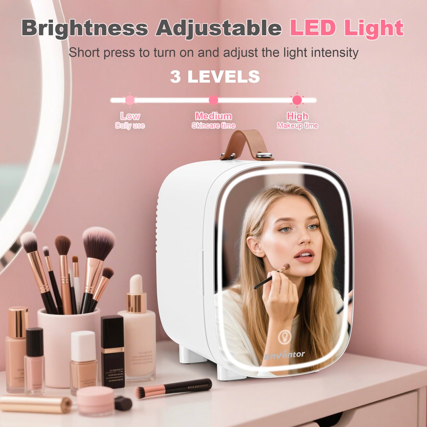 Enventor Mini-Kühlschrank 4L/6 Dosen, Kosmetik Kühlschrank mit Dimmbarem LED-Lichtspiegel, AC+12V DC, Kühler & Wärmer für Schlafzimmer, Zuhause, Auto/Hautpflege und Lebensmittel, Weiß