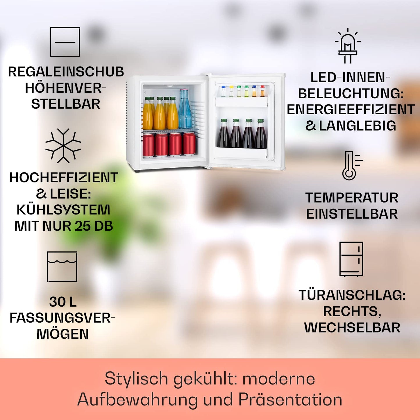 Klarstein Mini Kühlschrank für Zimmer, 30L Mini-Kühlschrank für Getränke & Kosmetik, Kleine Minibar, Kühlschrank Klein & Leise, Verstellbare Ablagen, Kleiner Skincare Kühlschrank 5-15°C