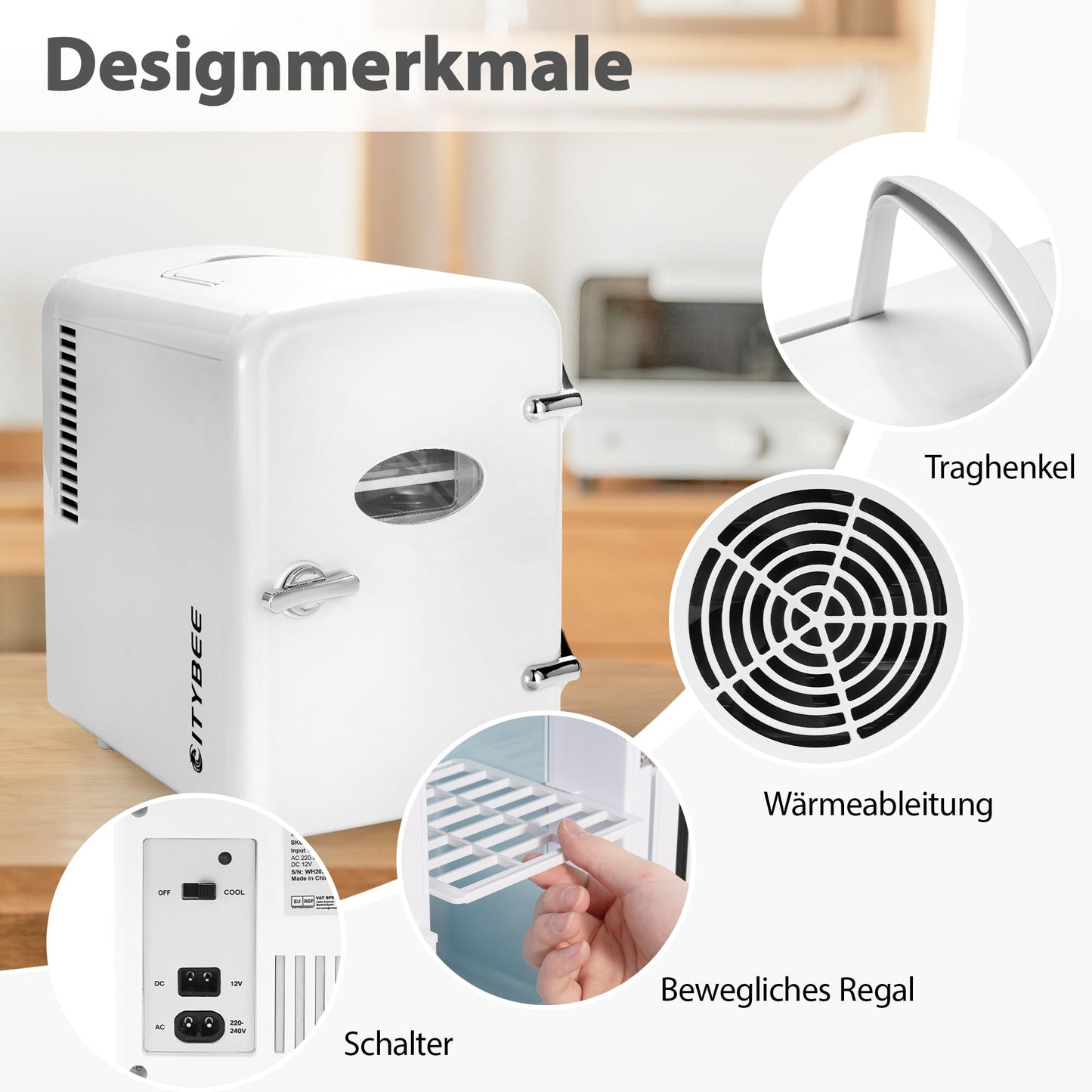 Citybee Mini Kühlschrank Fridge 4L - Kühlschränke klein 12V 230V Läuft Leise Geeignet für Getränke Kosmetik Essen - Minikühlschrank ideal für Auto Zimmer Camping Wohnmobil Büro und Reisen (Weiß)