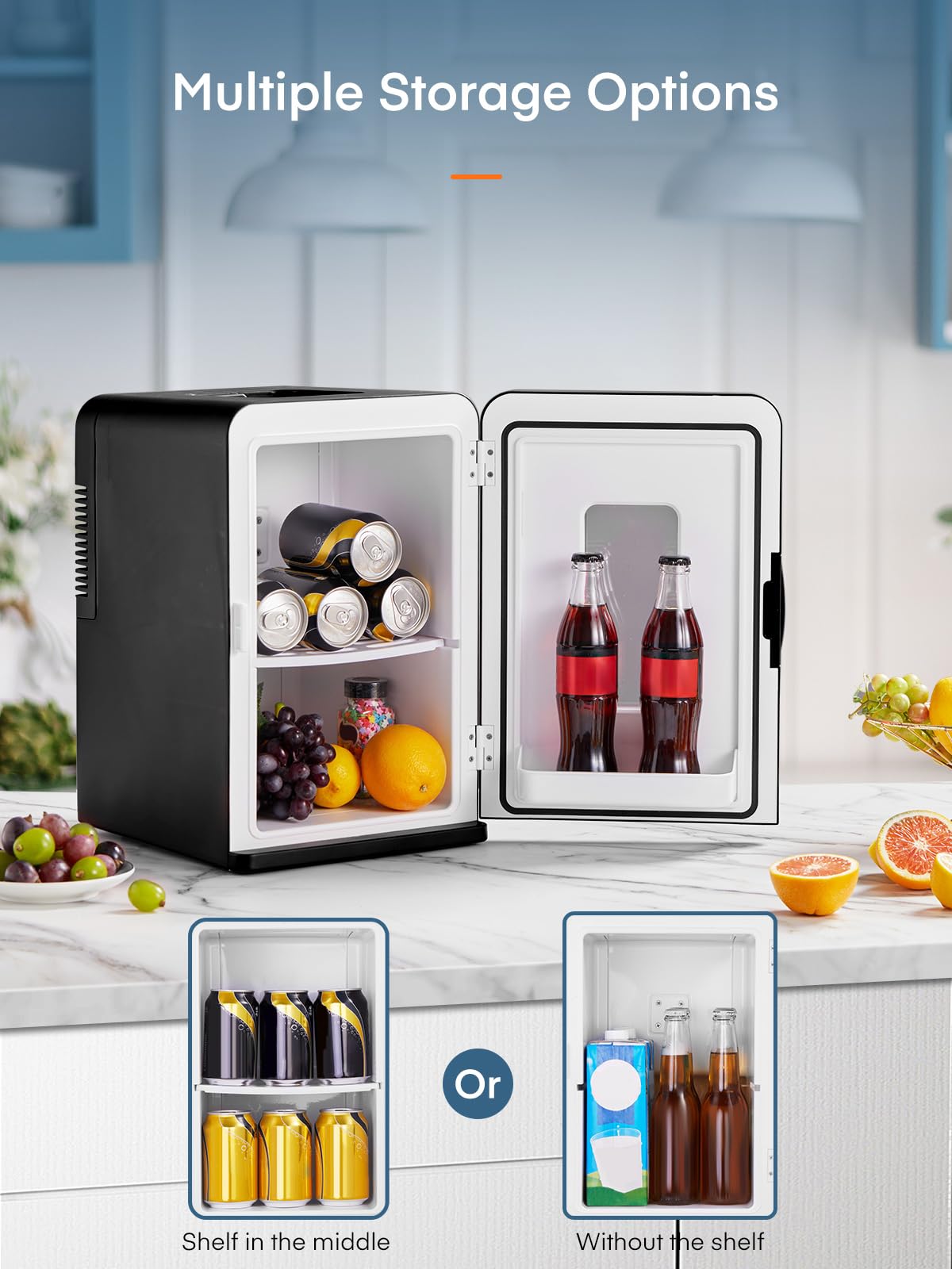 FOHERE 2 in 1 Mini Kühlschrank, 15L Kühlschrank für Zimmer mit Kühl- und Heizfunktion, DC/AC für Autos, Büros und Wohnheim, ECO-Low-Noise-Modus, für Kosmetik und Getränke, Schwarz