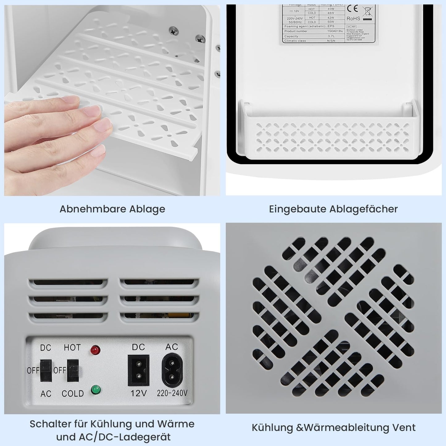 WANNYTON Mini Kühlschrank 4 Liter / 6 Dosen, tragbarer kleiner Kühlschränke mit Kühl- und Heizfunktion, Getränkekühlschrank für Zimmer Auto Büro, AC 220-240 V, DC 12 V, Grau