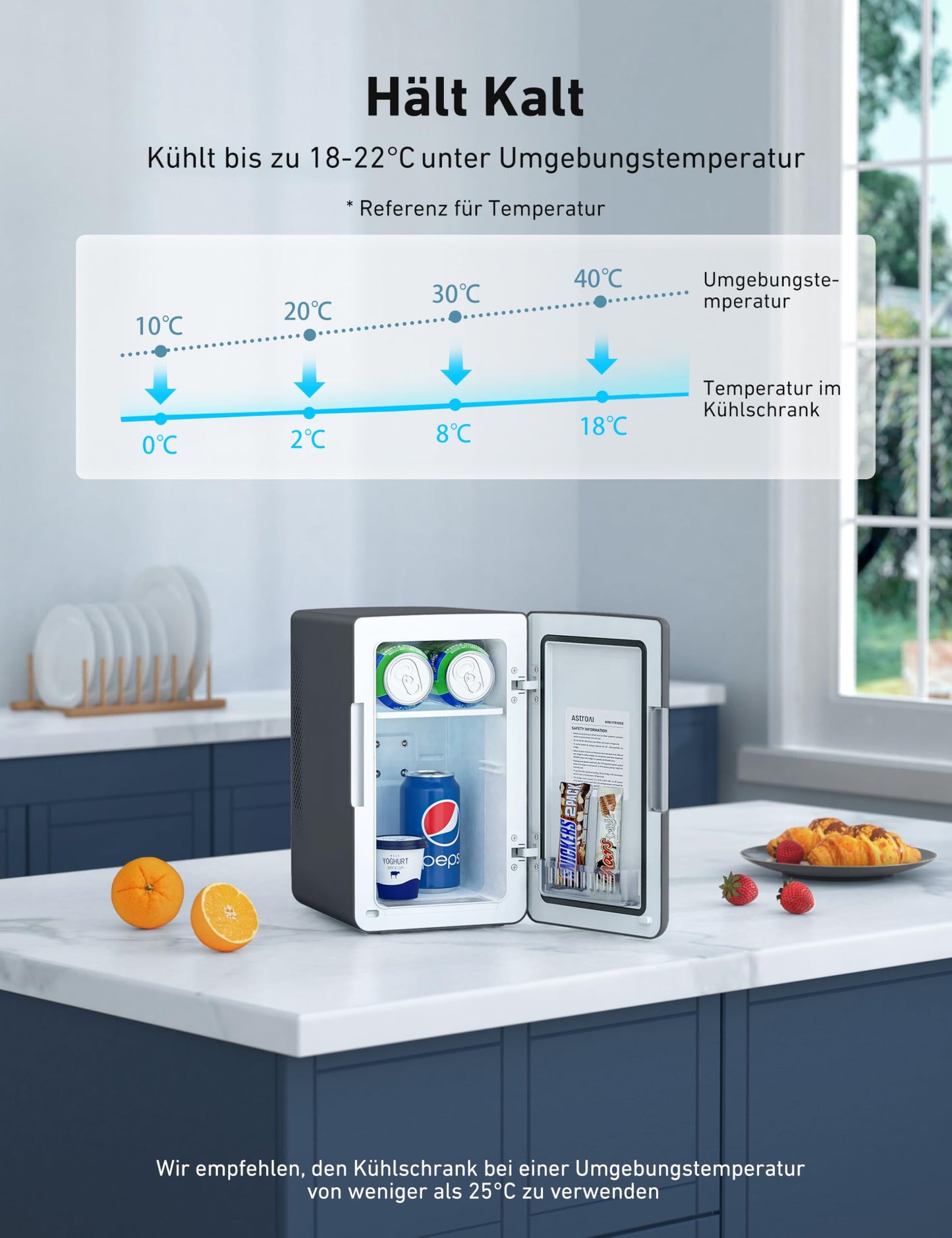 AstroAI 2 in 1 Mini Kühlschrank, 6 Liter Fridge / 8 Dosen mit Kühl- und Heizfunktion, 12V / 220V Steckdose für Autos, Büros und Schlafsäle, Schwarz