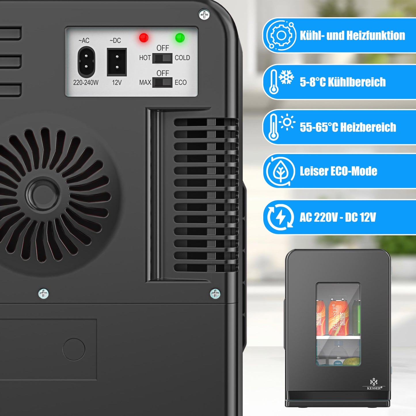 KESSER® 2in1 Mini Kühlschrank Kühlbox 15 Liter Kühl und Heizfunktion Tragbarer AC DC 220-240V/12V Steckdose und Zigarettenanzünder Warmhaltebox Thermobox Auto Büros Zimmer Camping Garten Schwarz